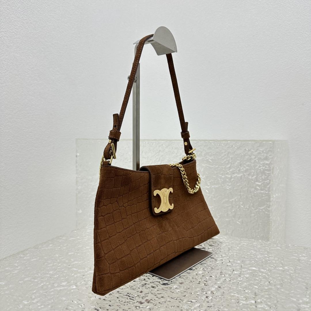 Celine Wiltern Clutch Triomphe Soft In Crocodile Embossed Suede Calfskin Brown  - DesignerGu