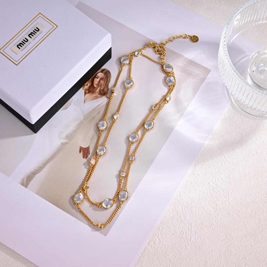Miu Miu Metal Necklace With Crystals - DesignerGu