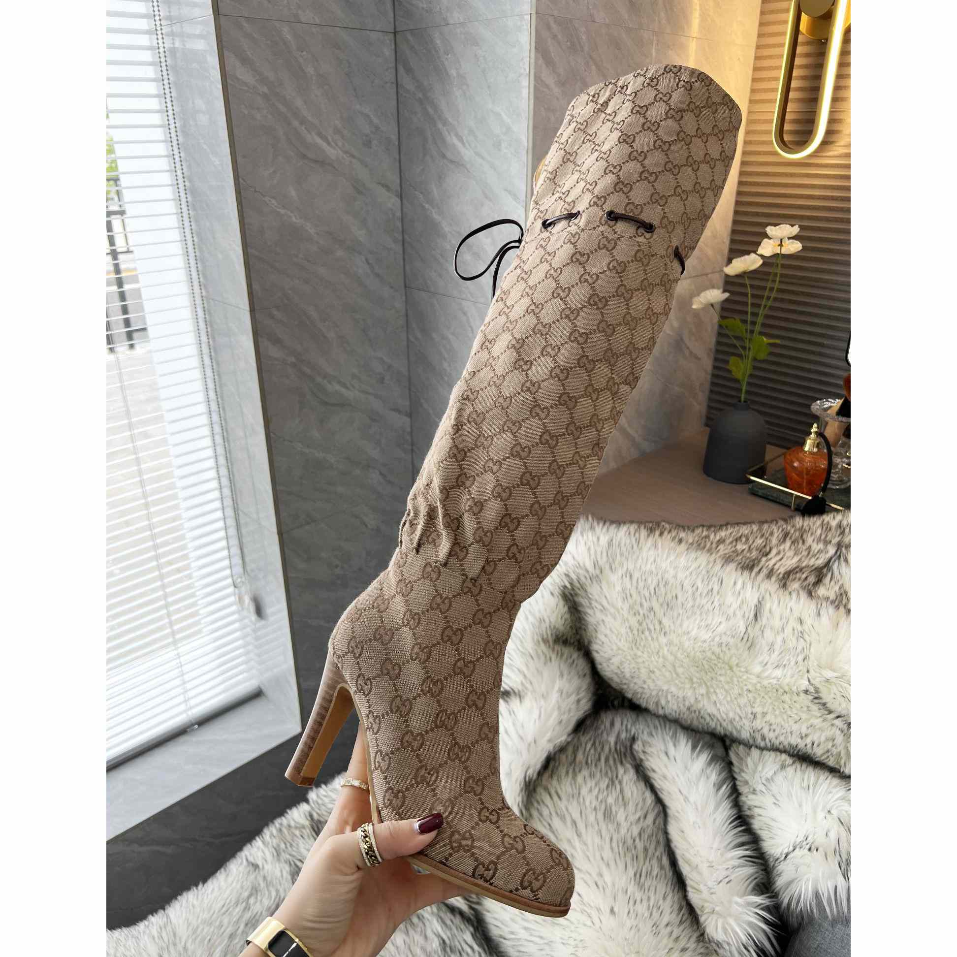 Gucci Monogram Over the Knee Boots  - DesignerGu
