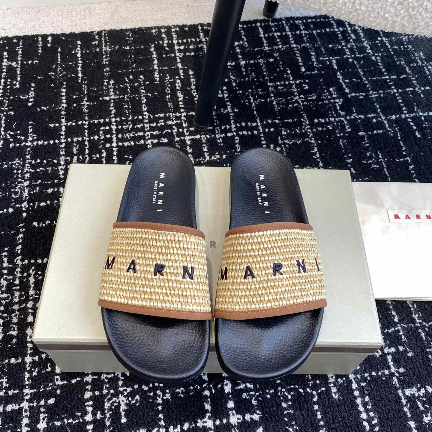Marni Slide Logo-embroidered Raffia Slides  - DesignerGu