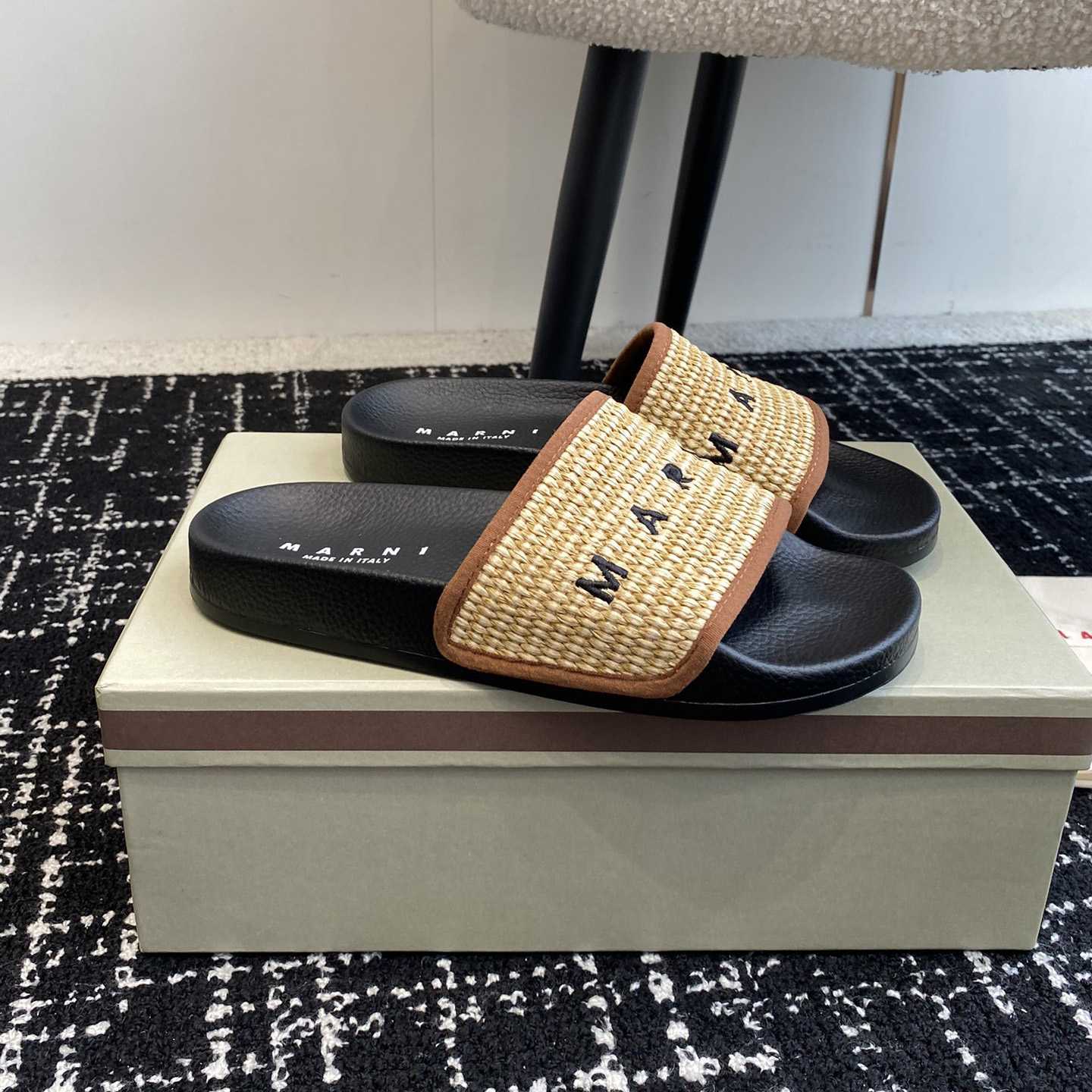 Marni Slide Logo-embroidered Raffia Slides  - DesignerGu