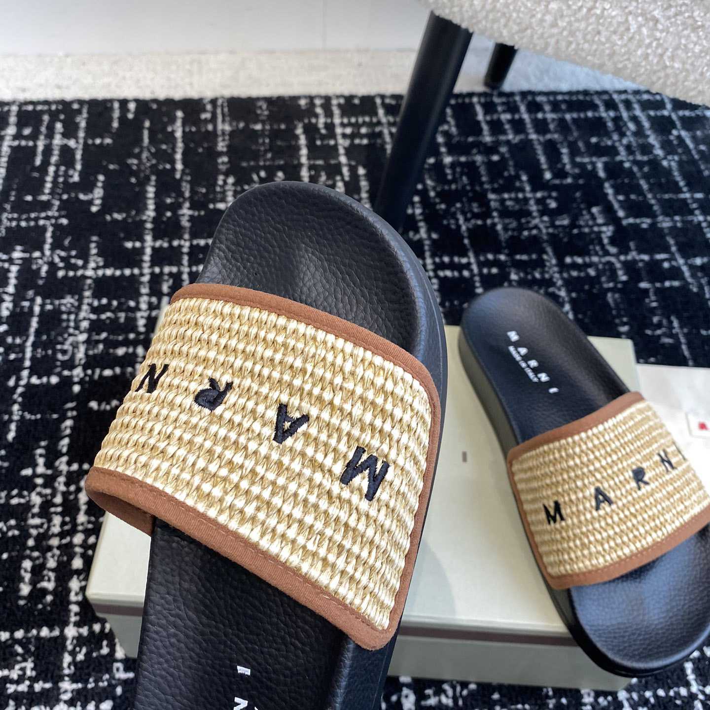 Marni Slide Logo-embroidered Raffia Slides  - DesignerGu