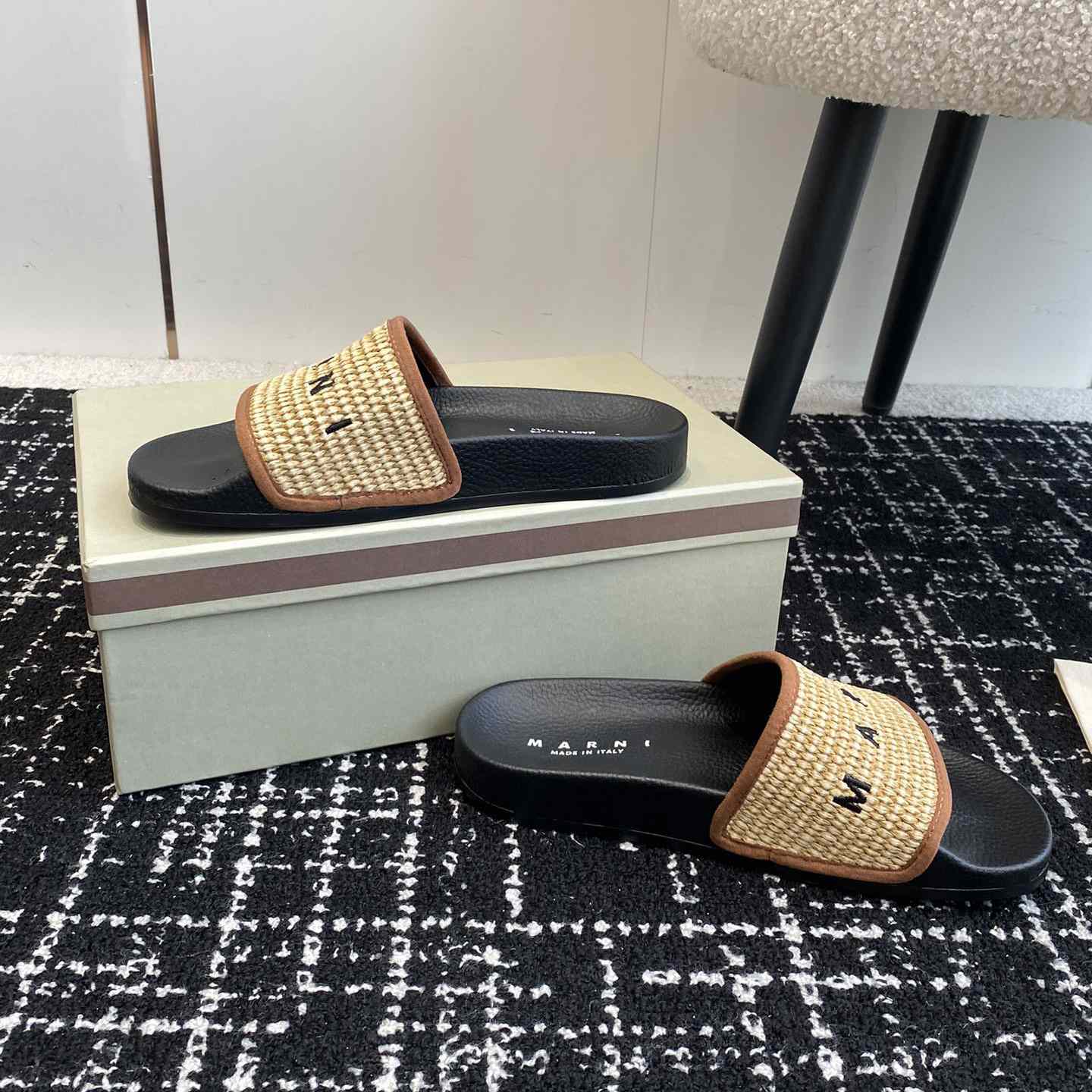 Marni Slide Logo-embroidered Raffia Slides  - DesignerGu