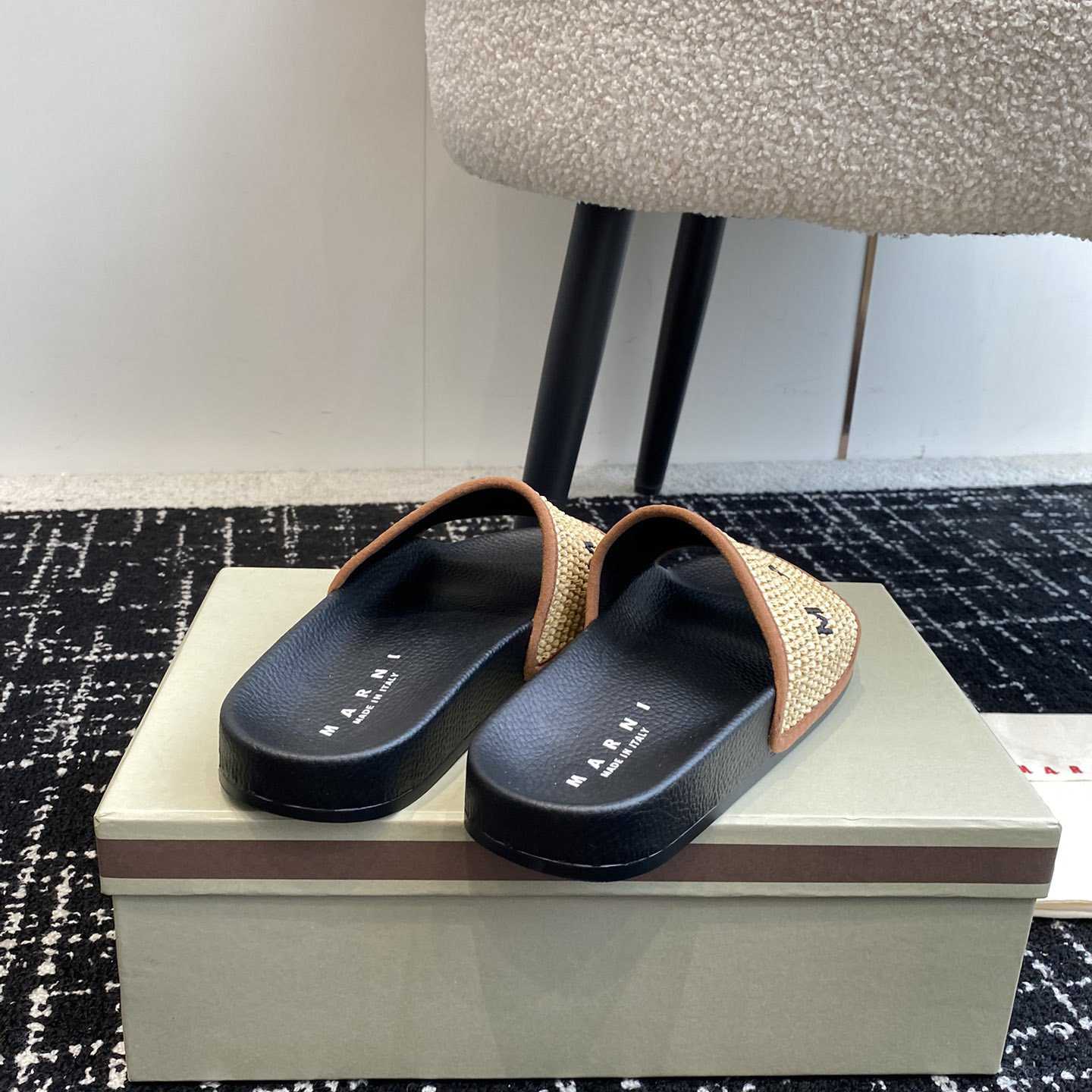 Marni Slide Logo-embroidered Raffia Slides  - DesignerGu
