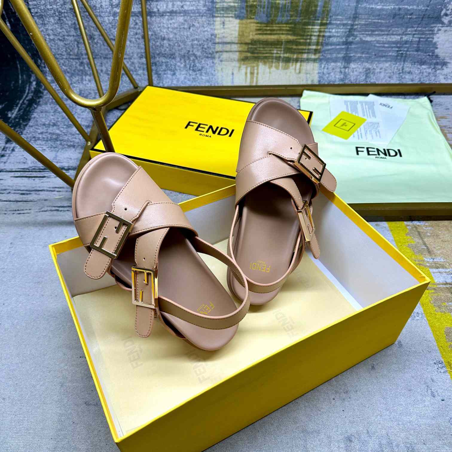 Fendi Feel Beige Leather Slides - DesignerGu