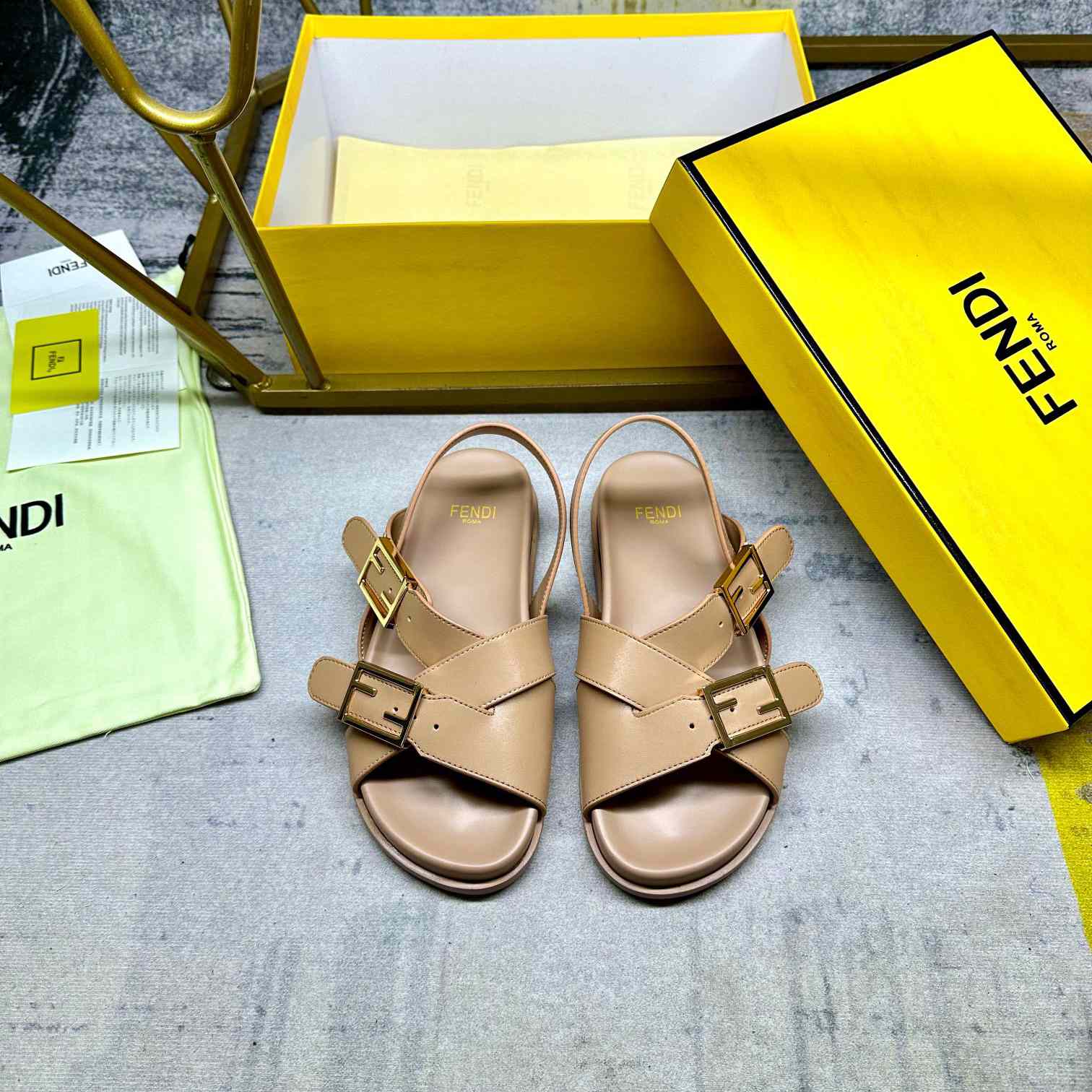Fendi Feel Beige Leather Slides - DesignerGu
