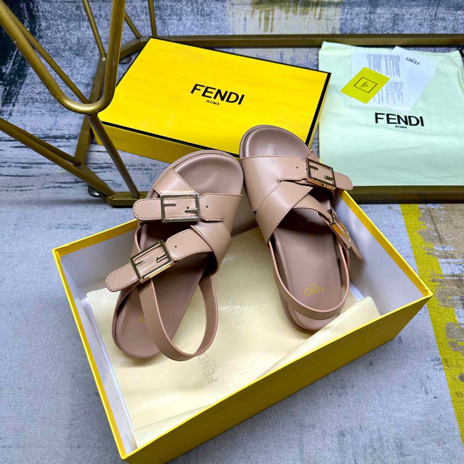 Fendi Feel Beige Leather Slides - DesignerGu