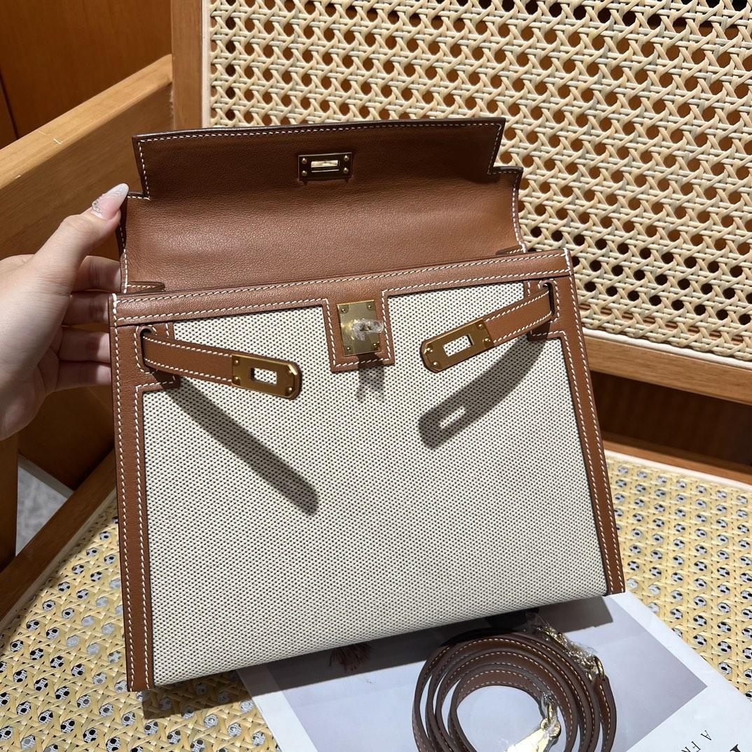 Hermes Vintage Toile & Barenia Kelly 25 - DesignerGu