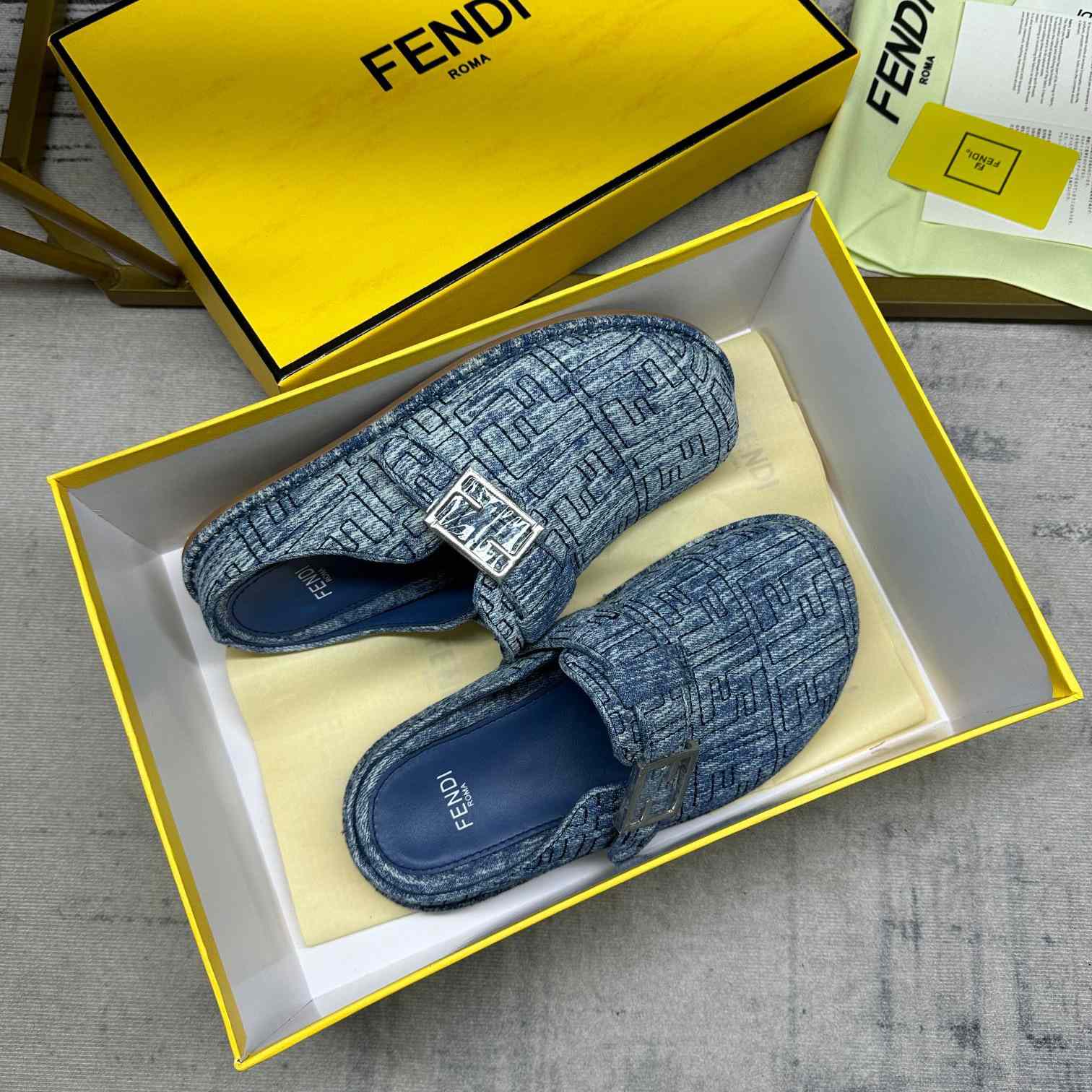 Fendi Feel Cotton Denim Logo Slip On Slide Clog Mule Flat - DesignerGu