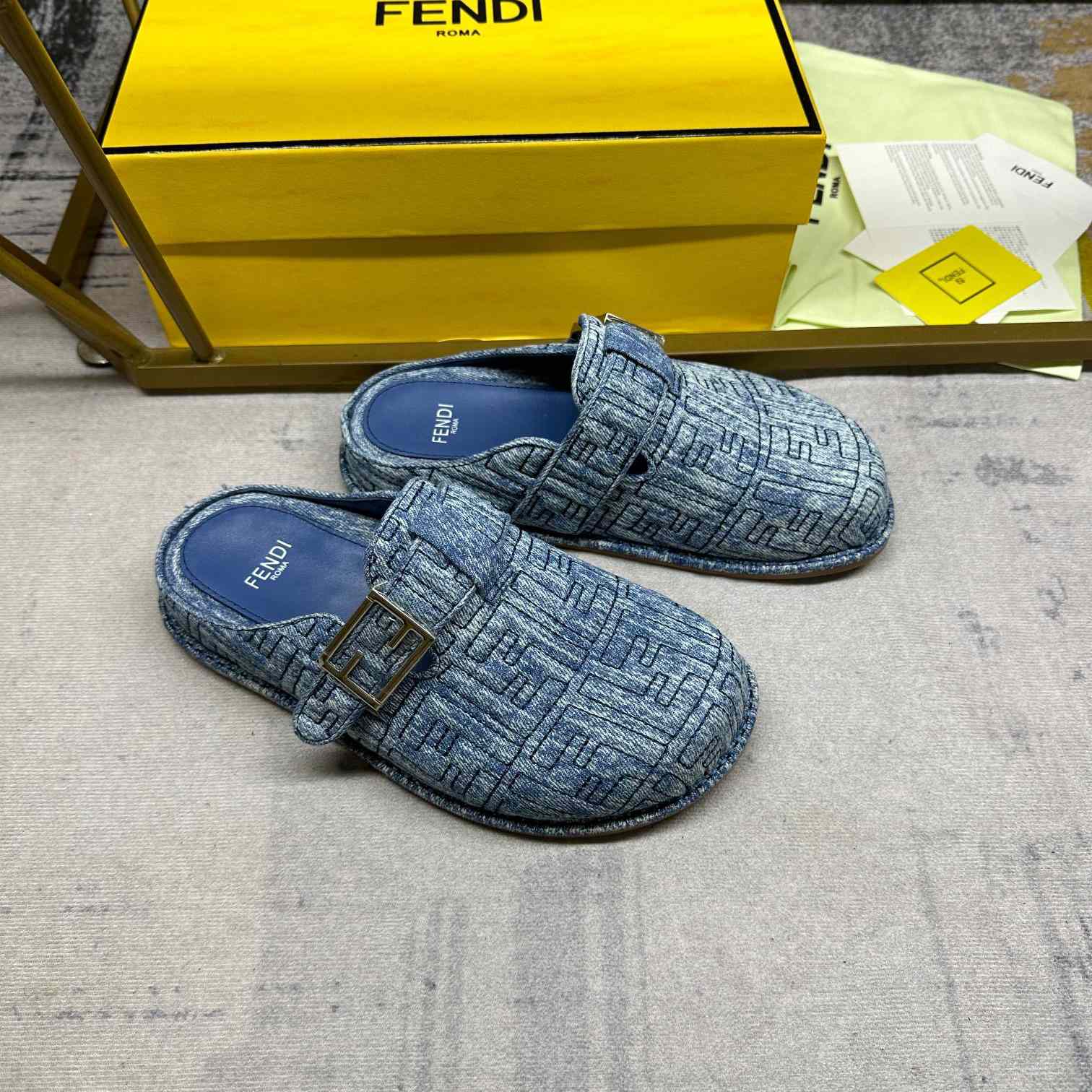 Fendi Feel Cotton Denim Logo Slip On Slide Clog Mule Flat - DesignerGu