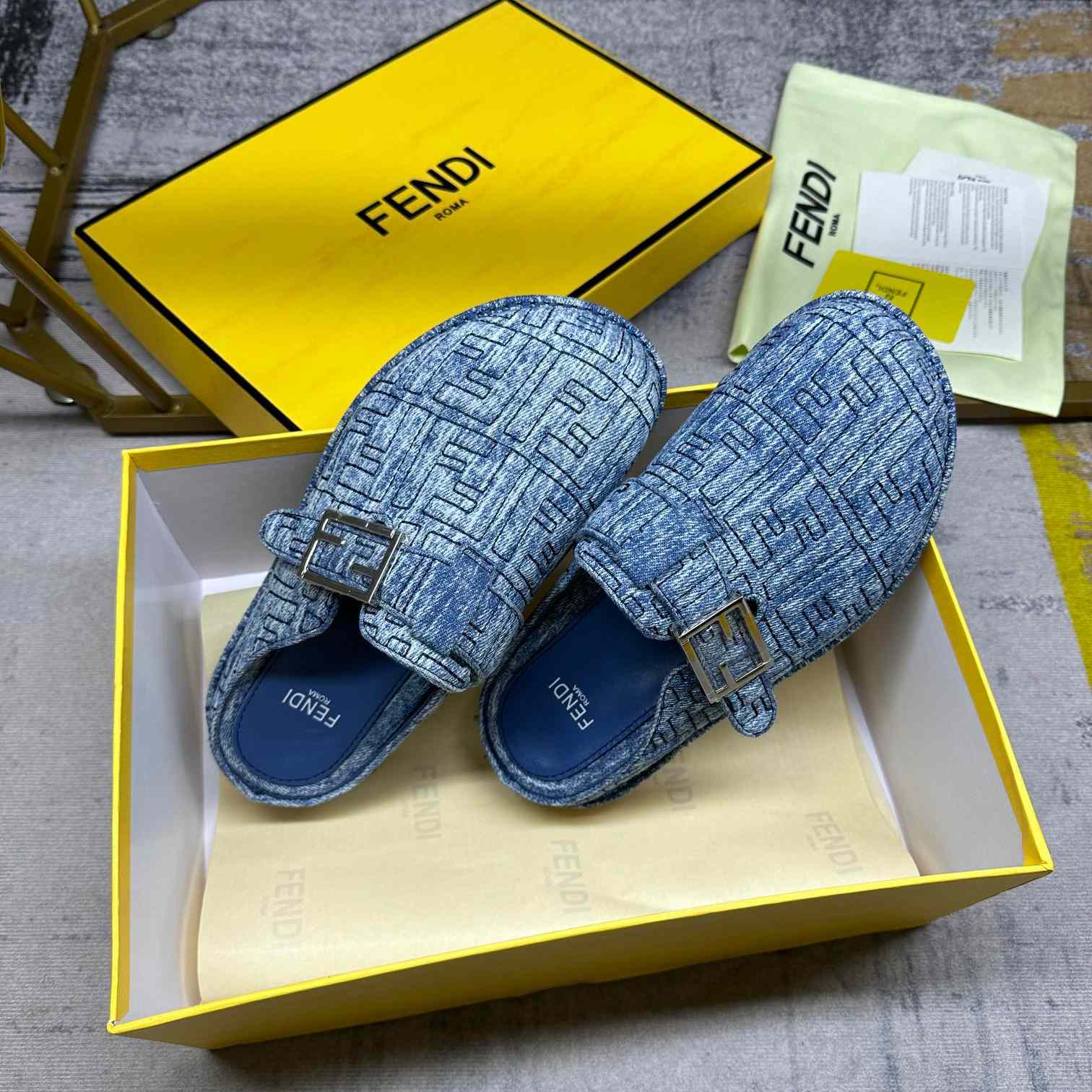 Fendi Feel Cotton Denim Logo Slip On Slide Clog Mule Flat - DesignerGu
