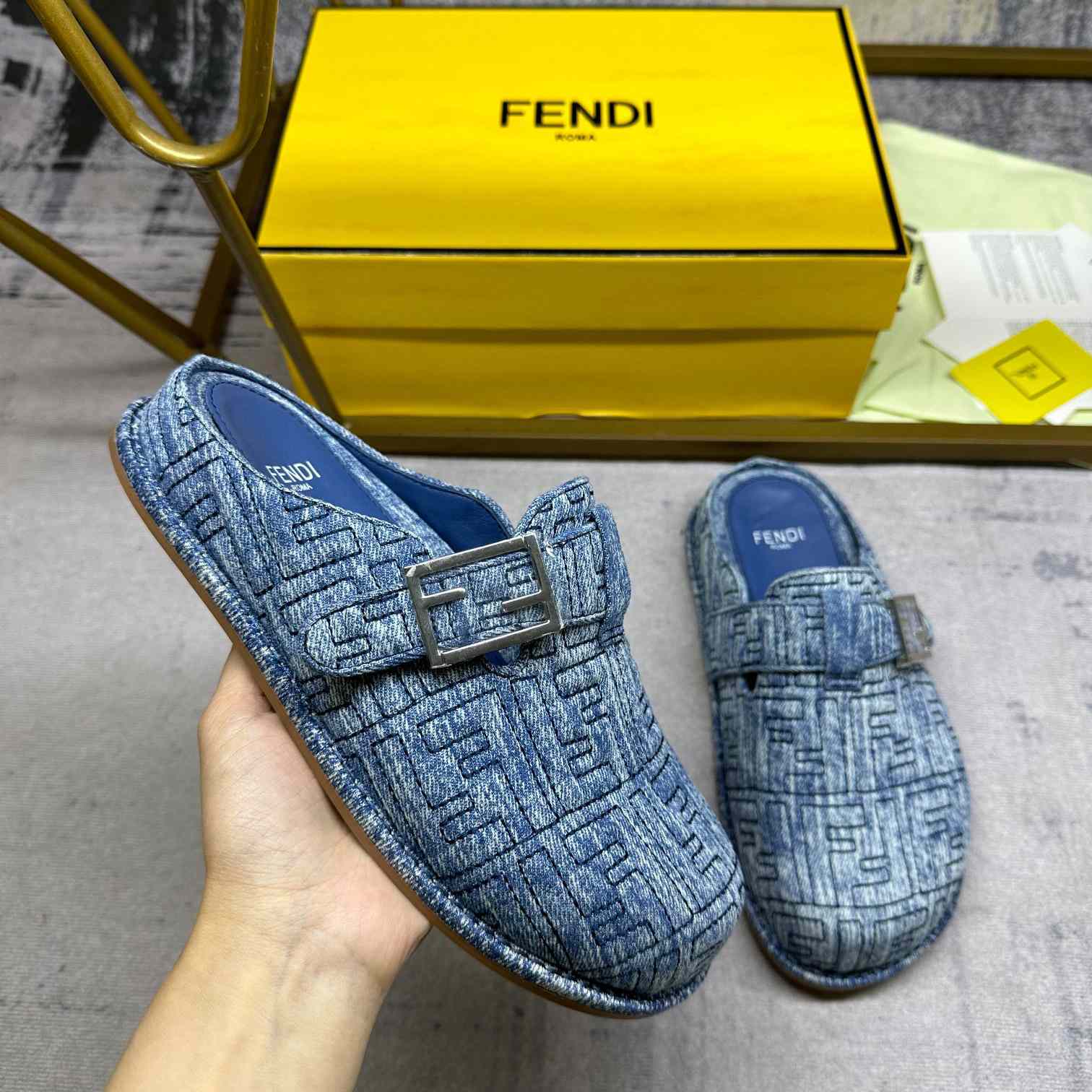 Fendi Feel Cotton Denim Logo Slip On Slide Clog Mule Flat - DesignerGu