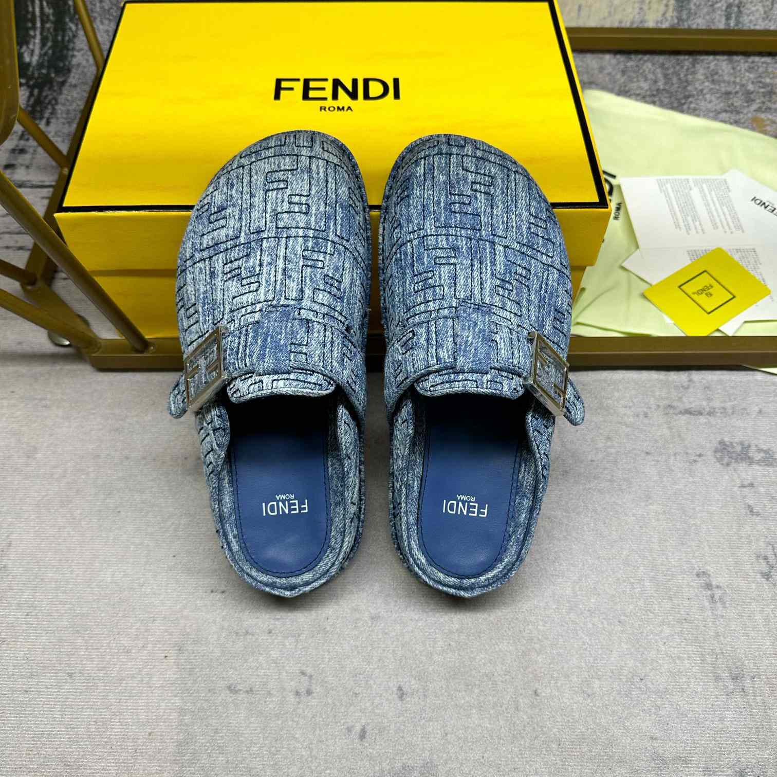 Fendi Feel Cotton Denim Logo Slip On Slide Clog Mule Flat - DesignerGu