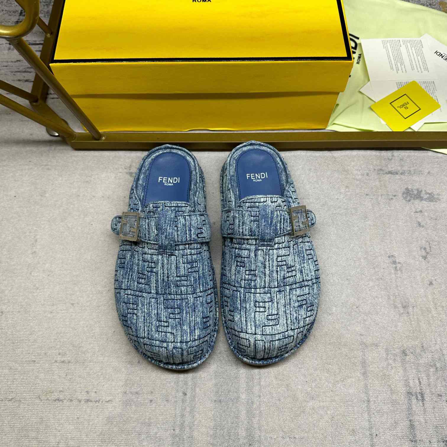 Fendi Feel Cotton Denim Logo Slip On Slide Clog Mule Flat - DesignerGu
