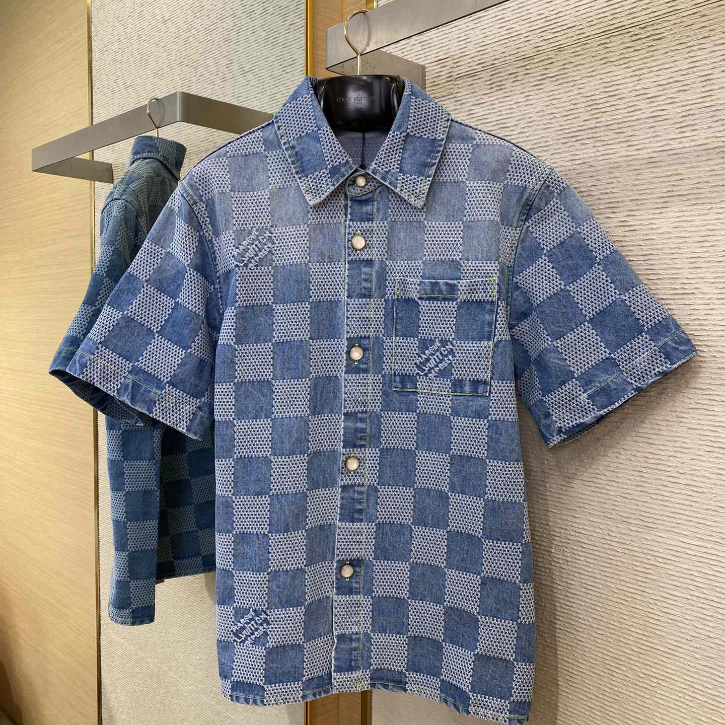 Louis Vuitton Damier Short-Sleeved Chambray Shirt   - DesignerGu