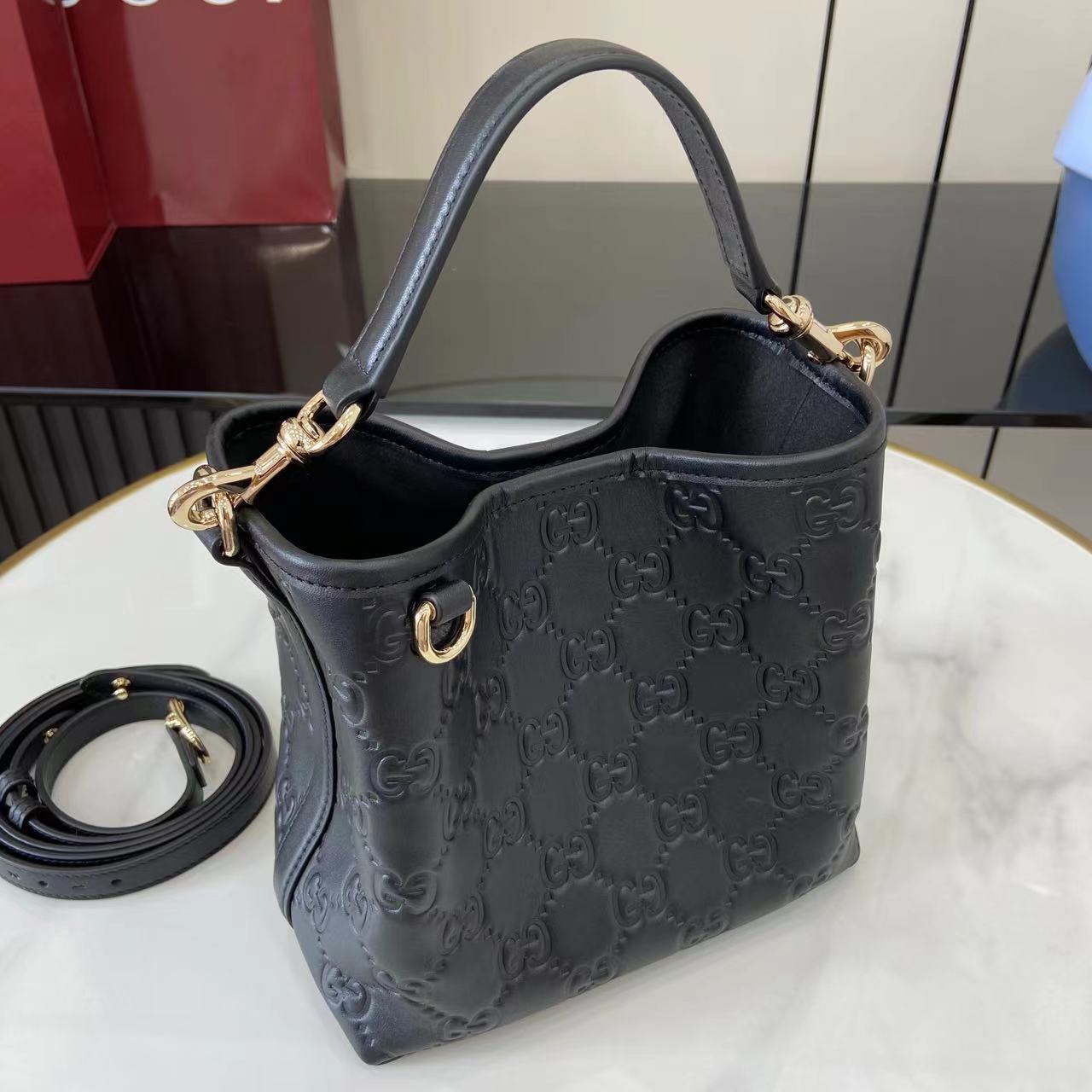Gucci GG Emblem Small Bucket Bag  - DesignerGu