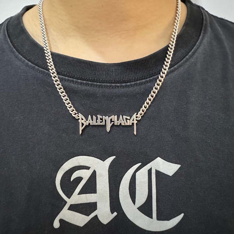 Balenciaga Typo Metal Necklace In Antique Silver Brass - DesignerGu