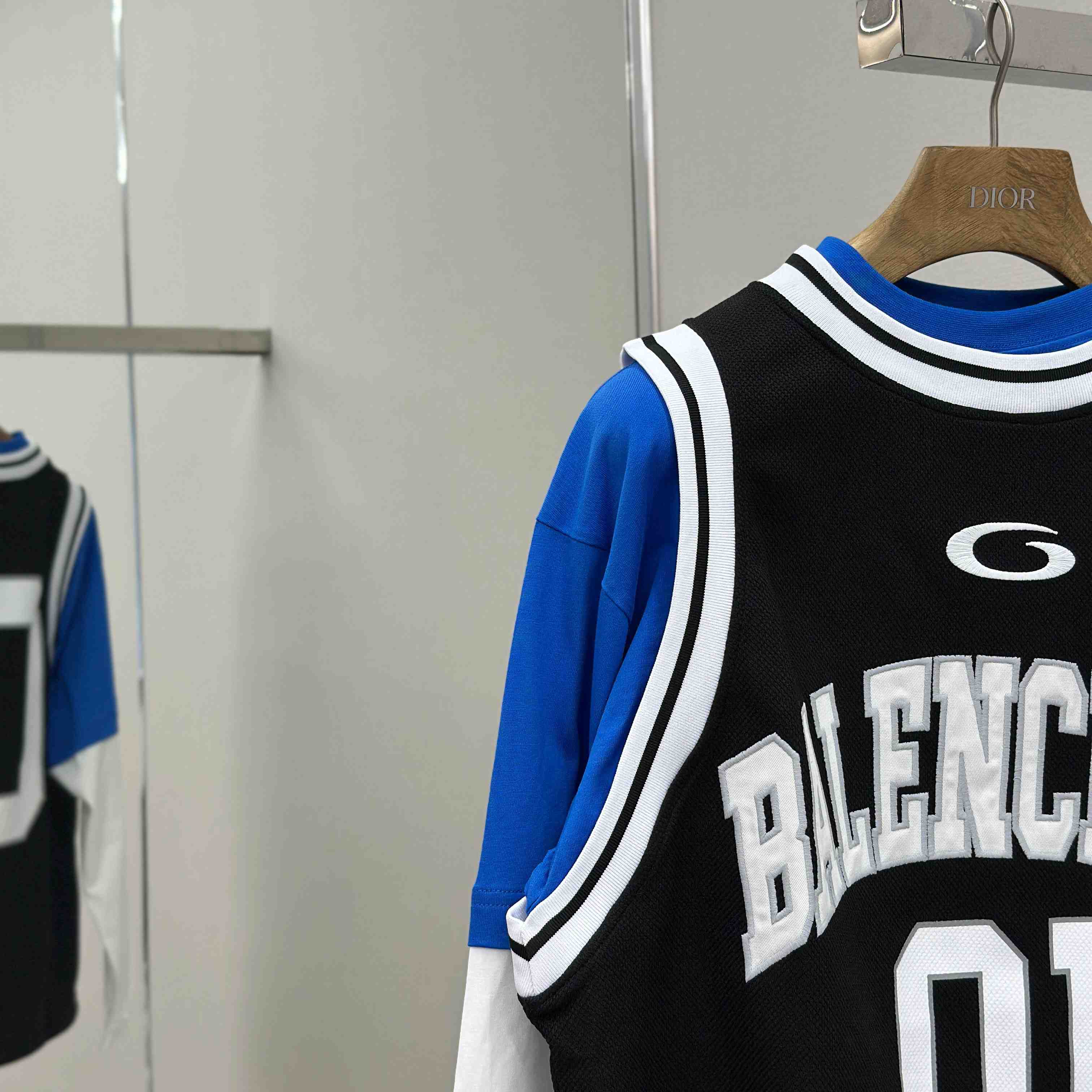 Balenciaga Basketball Series - Layered Long Sleeve T-Shirt In Black And White Sporty Mesh Jersey - DesignerGu