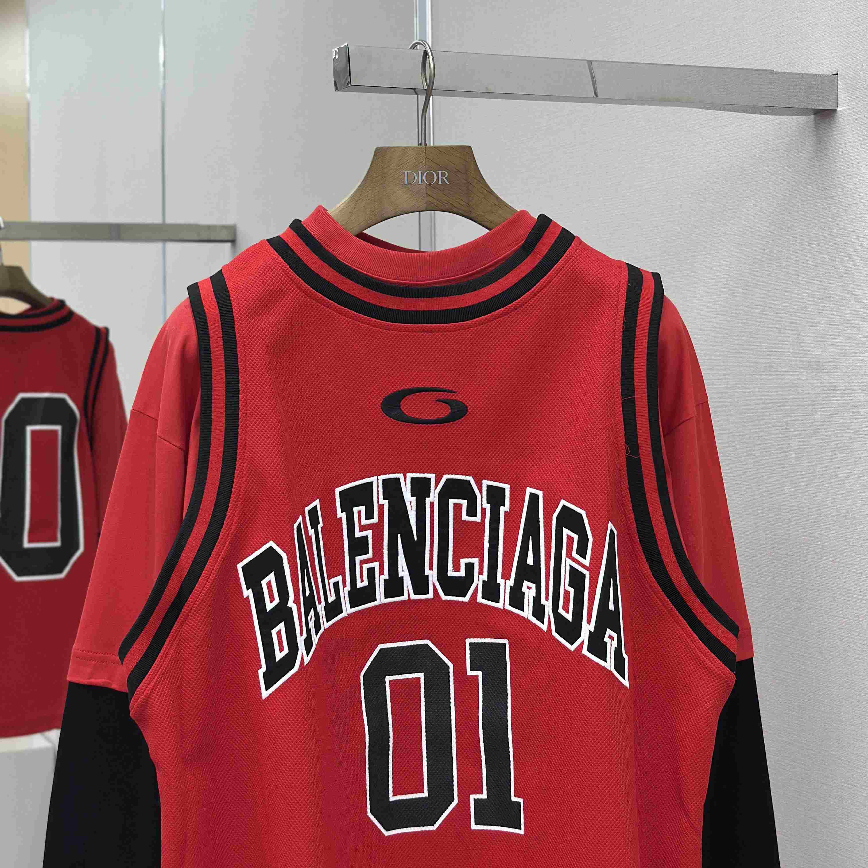 Balenciaga Basketball Series - Layered Long Sleeve T-Shirt In Red And Black Sporty Mesh Jersey - DesignerGu