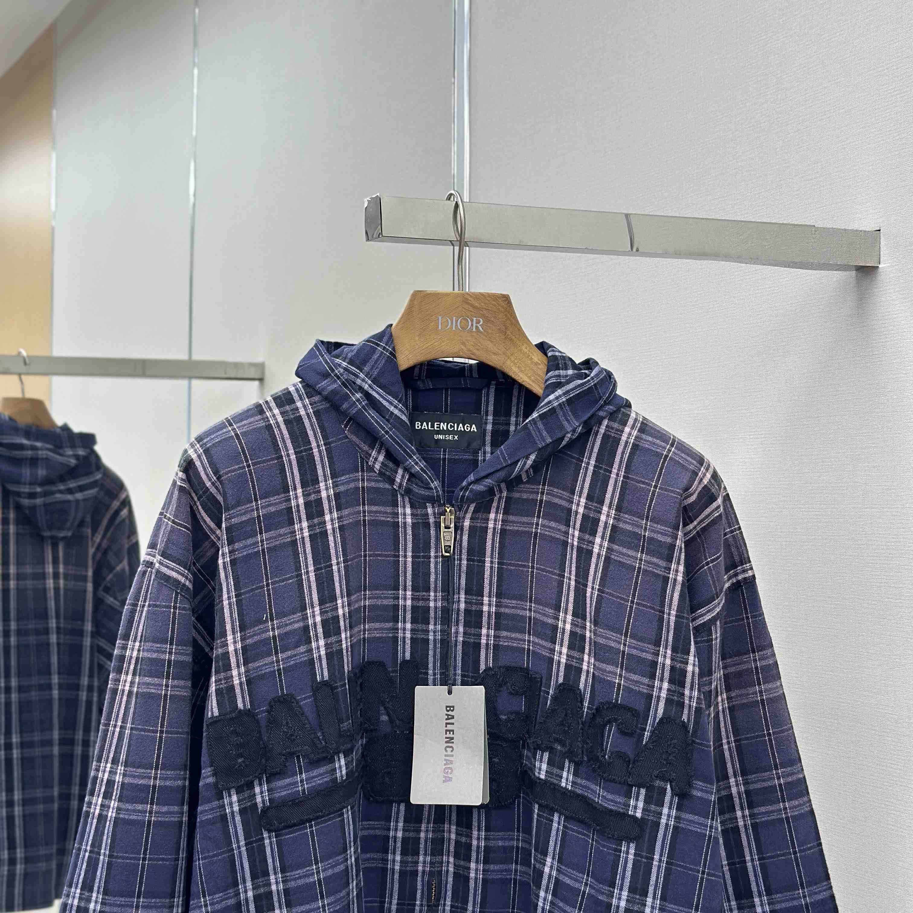 Balenciaga Logo Embroidered Hooded Check Jacket - DesignerGu