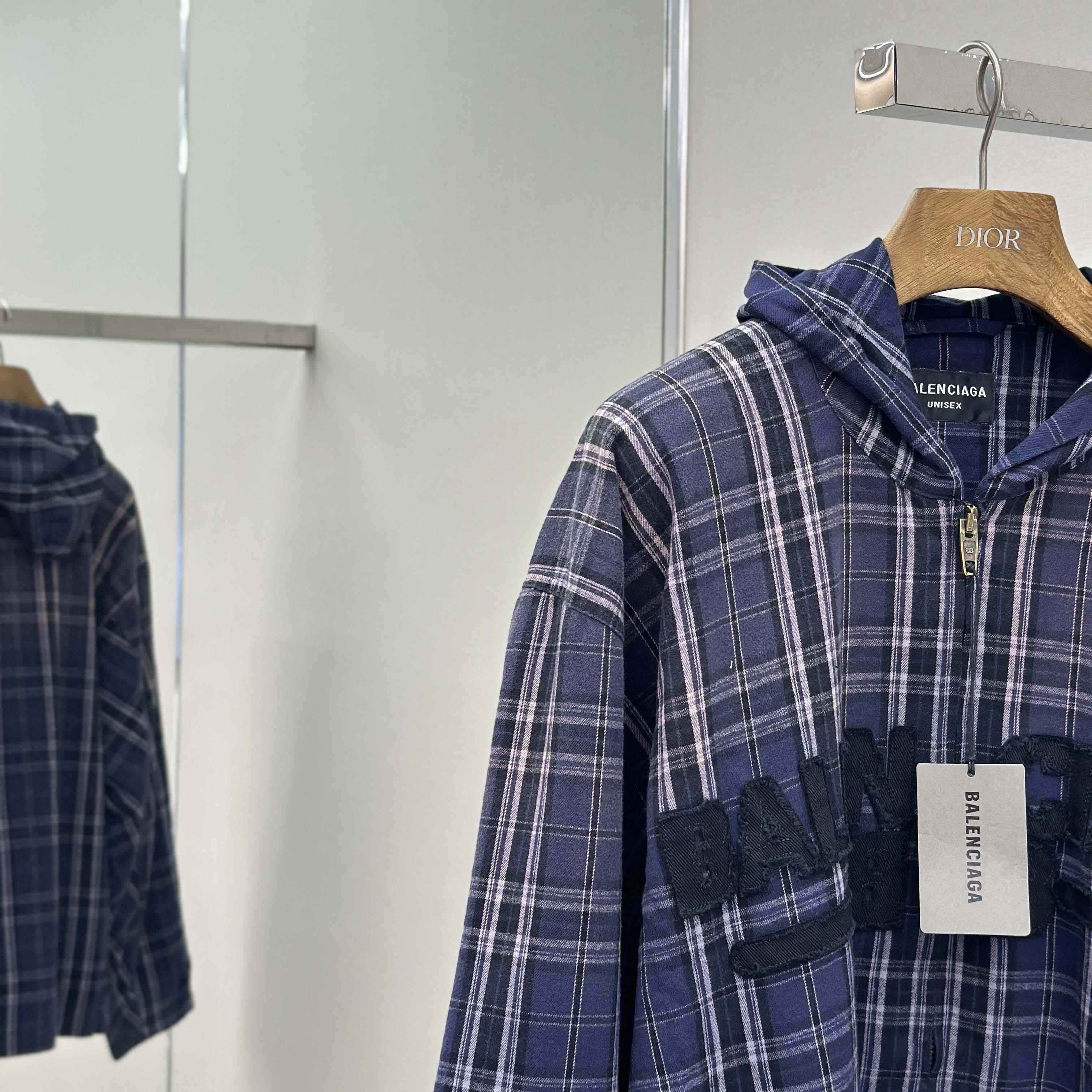 Balenciaga Logo Embroidered Hooded Check Jacket - DesignerGu