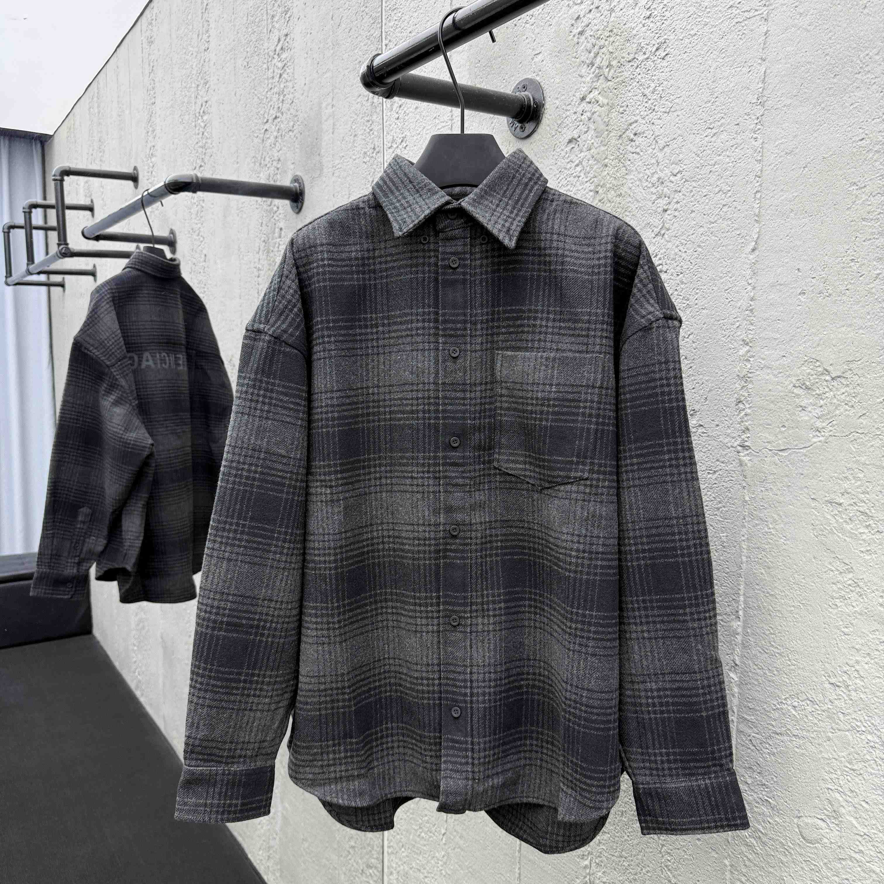 Balenciaga Oversized Shirt In Grey And Black Mix Wool Flannel - DesignerGu