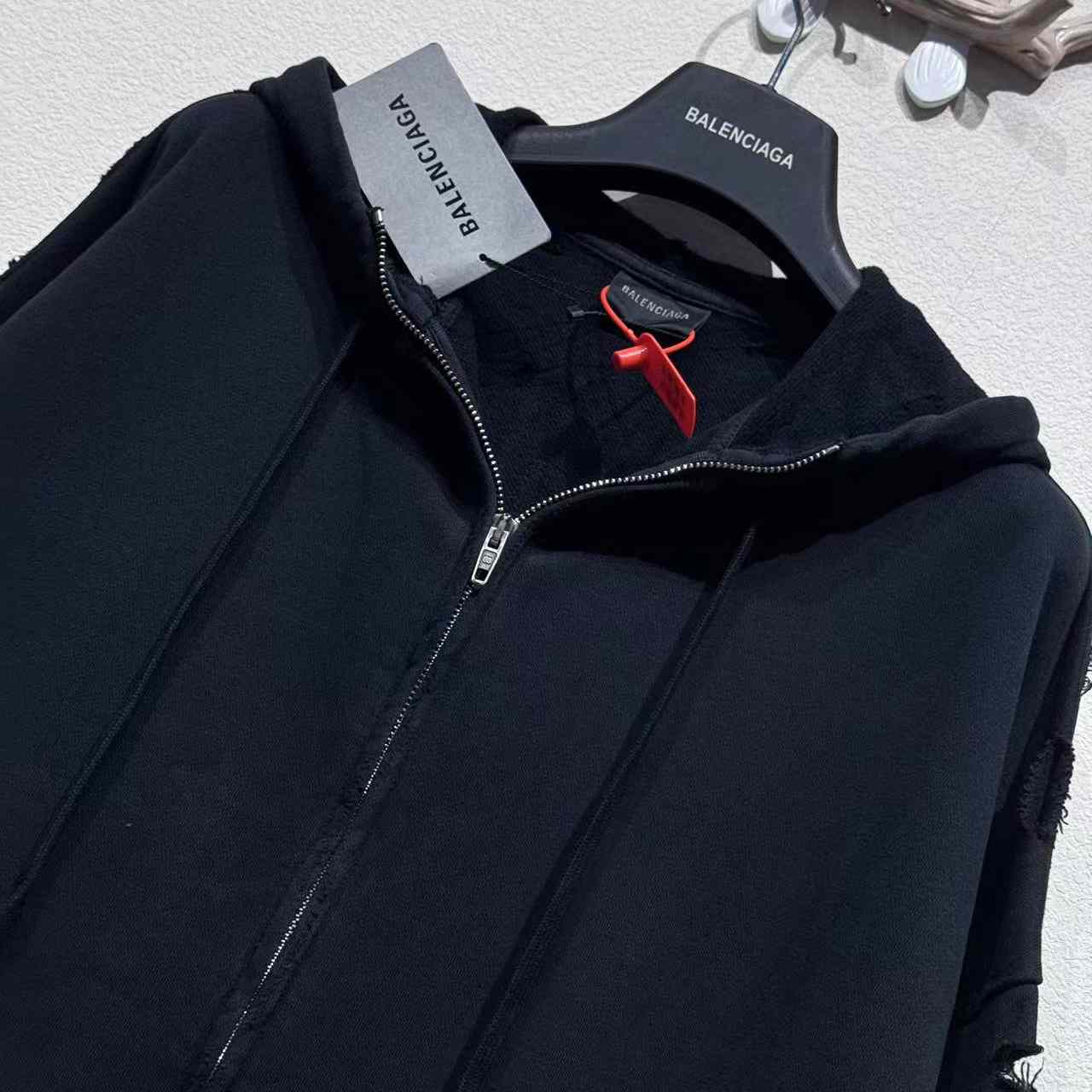 Balenciaga Security Tape Logo Large Zip-Up Hoodie In Faded Washed Black And Red Dry Fleece - DesignerGu