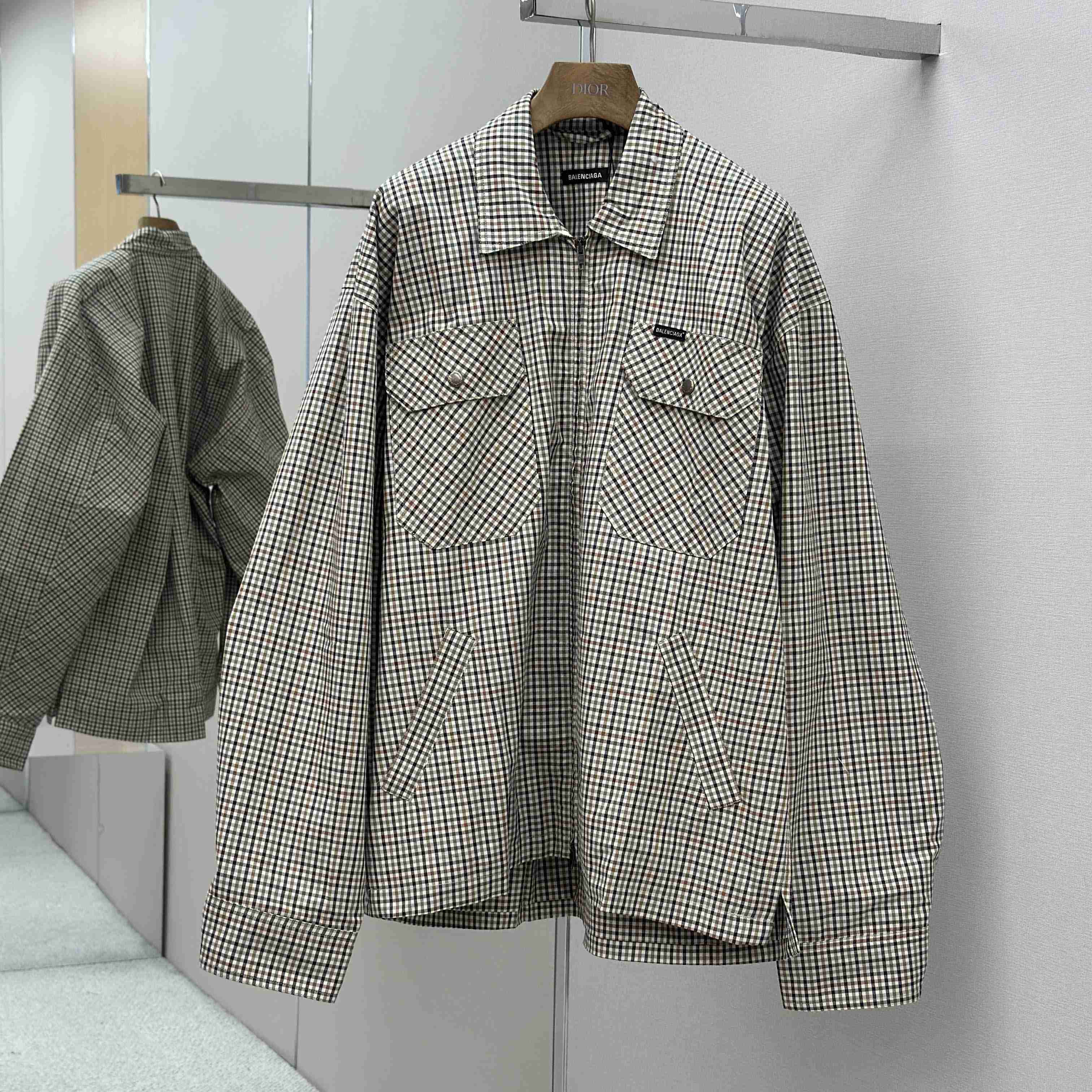 Balenciaga Zip-Up Shirt In Beige And Khaki Checked Flannel - DesignerGu