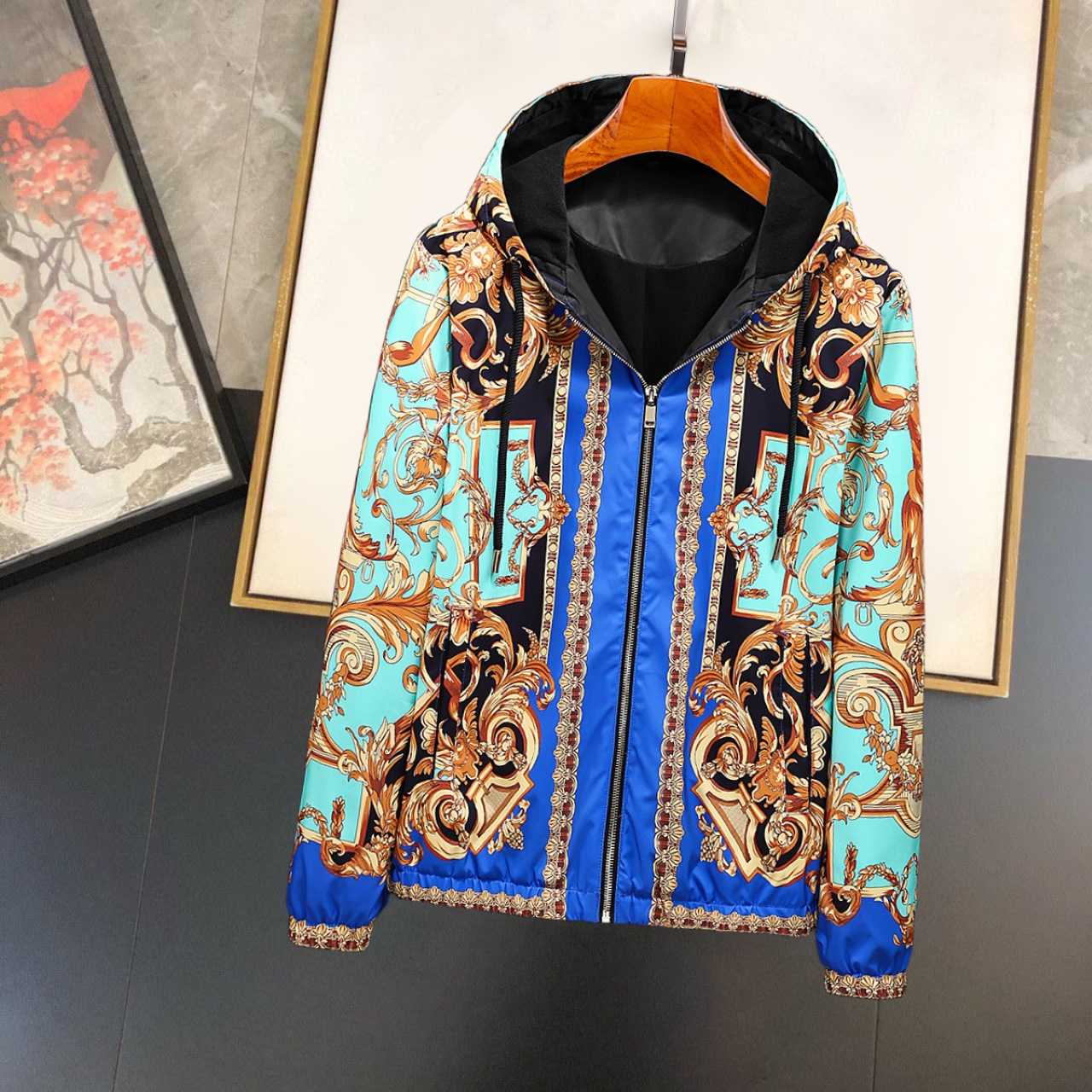 Versace Eros Baroque Printed Blue Golden Zip Up Bomber Jacket - DesignerGu