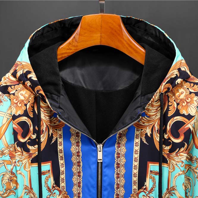 Versace Eros Baroque Printed Blue Golden Zip Up Bomber Jacket - DesignerGu