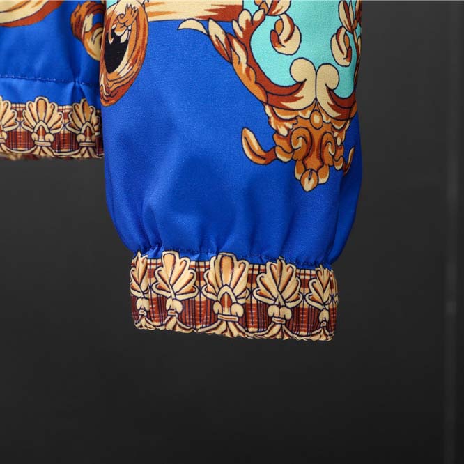 Versace Eros Baroque Printed Blue Golden Zip Up Bomber Jacket - DesignerGu