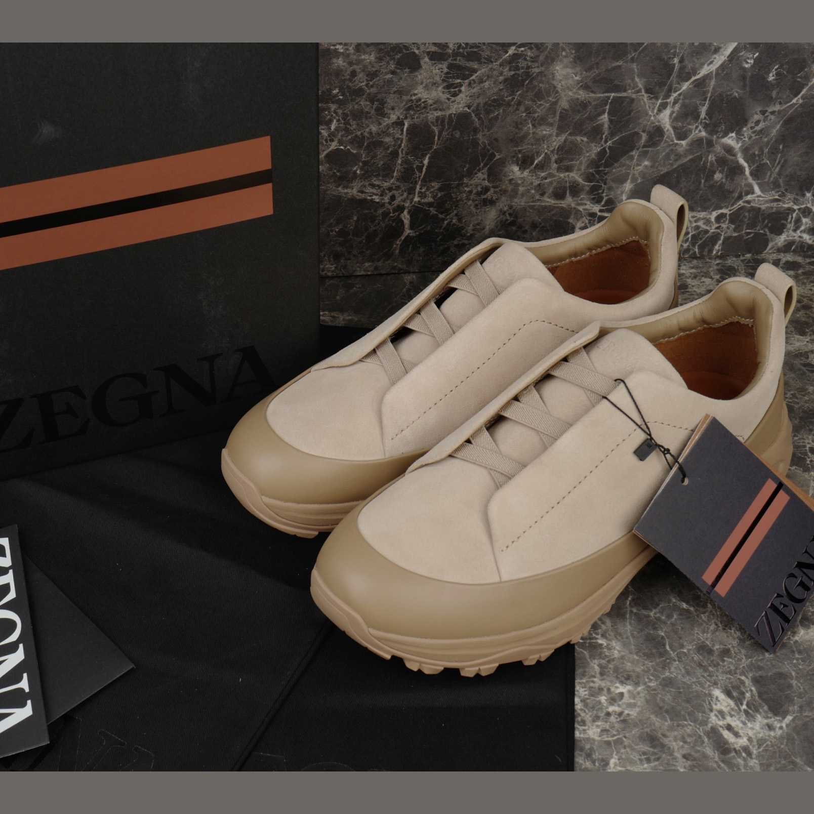 Zegna Light Taupe Leather and Suede Triple Stitch™ Monte Sneakers - DesignerGu