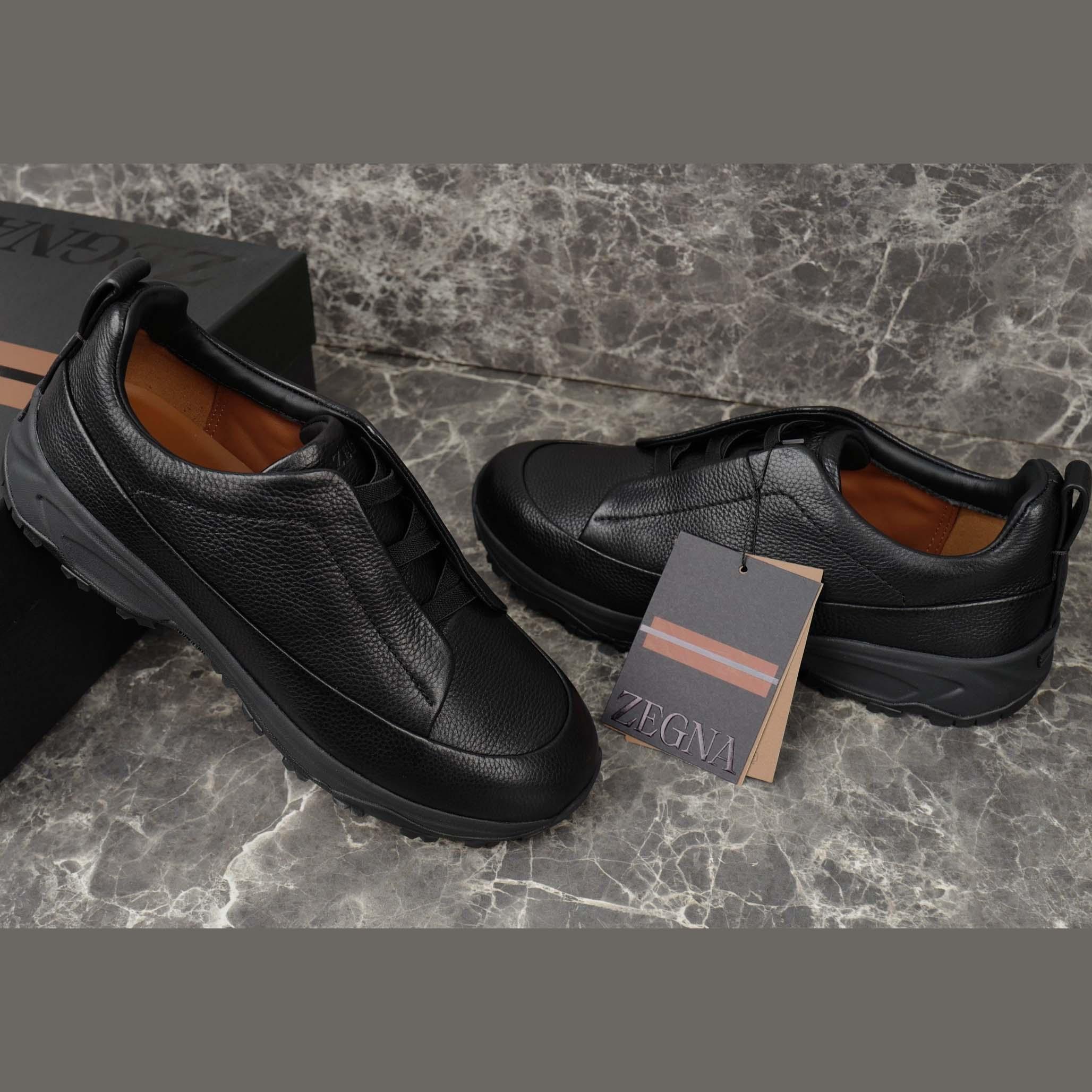 Zegna Black Leather Triple Stitch™ Monte Sneakers - DesignerGu