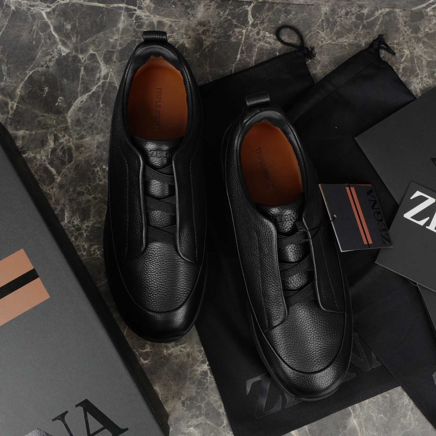Zegna Black Leather Triple Stitch™ Monte Sneakers - DesignerGu