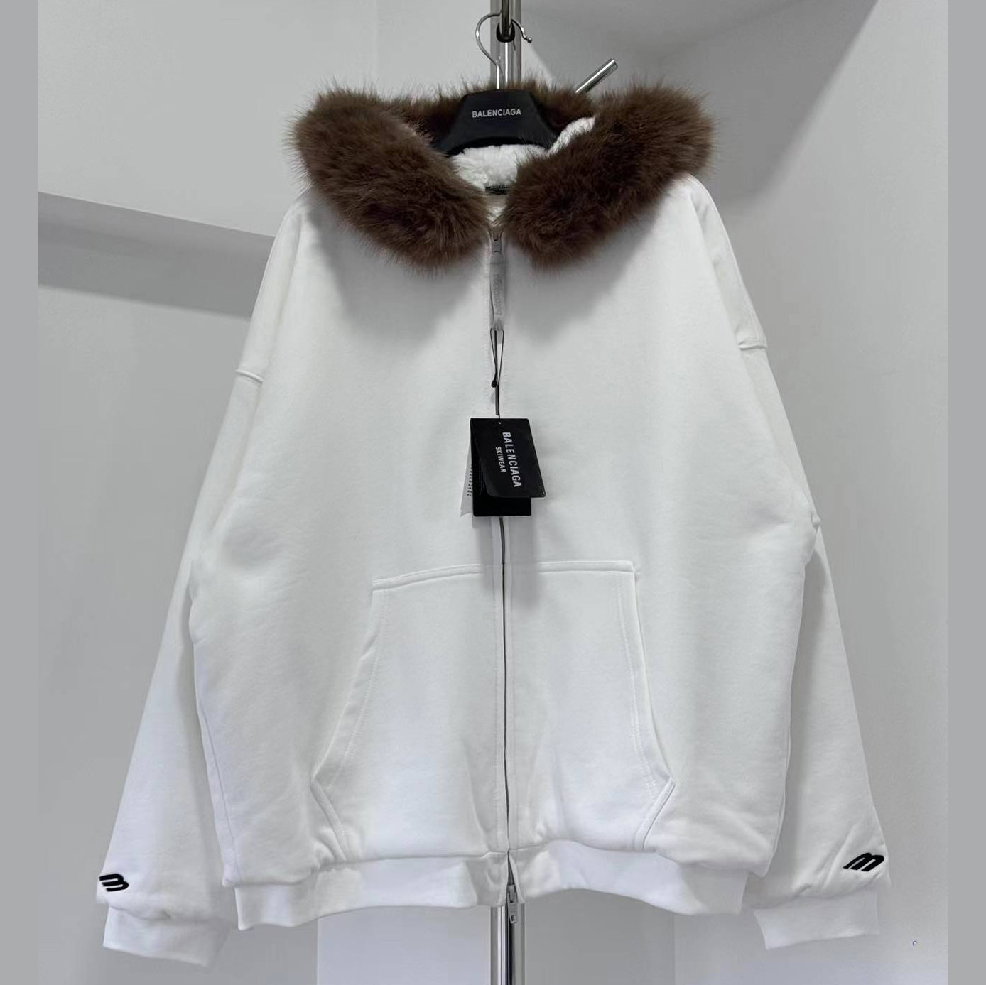 Balenciaga Fluffy Zip-Up Hoodie In Chalky White Medium Fleece - DesignerGu