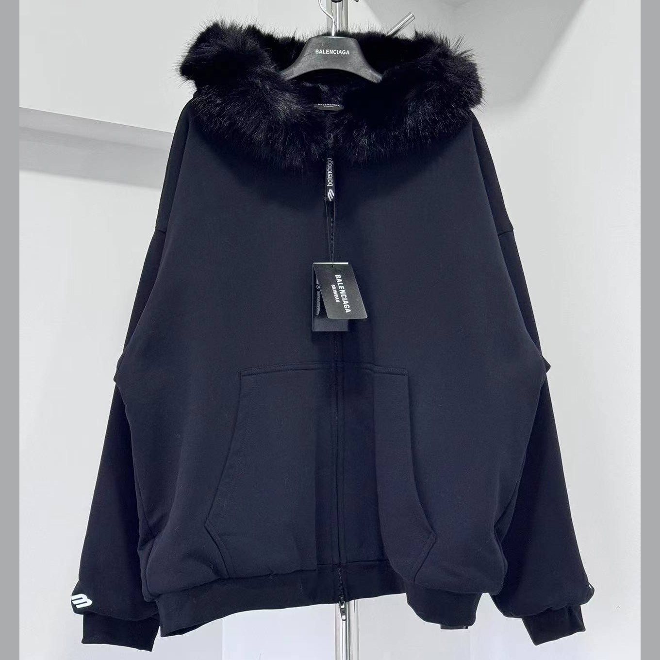 Balenciaga Fluffy Zip-Up Hoodie In Washed Black Medium Fleece - DesignerGu