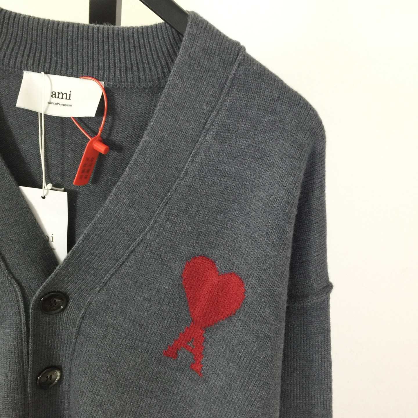 AMI Paris Grey Wool Ami De Coeur Cardigan  - DesignerGu