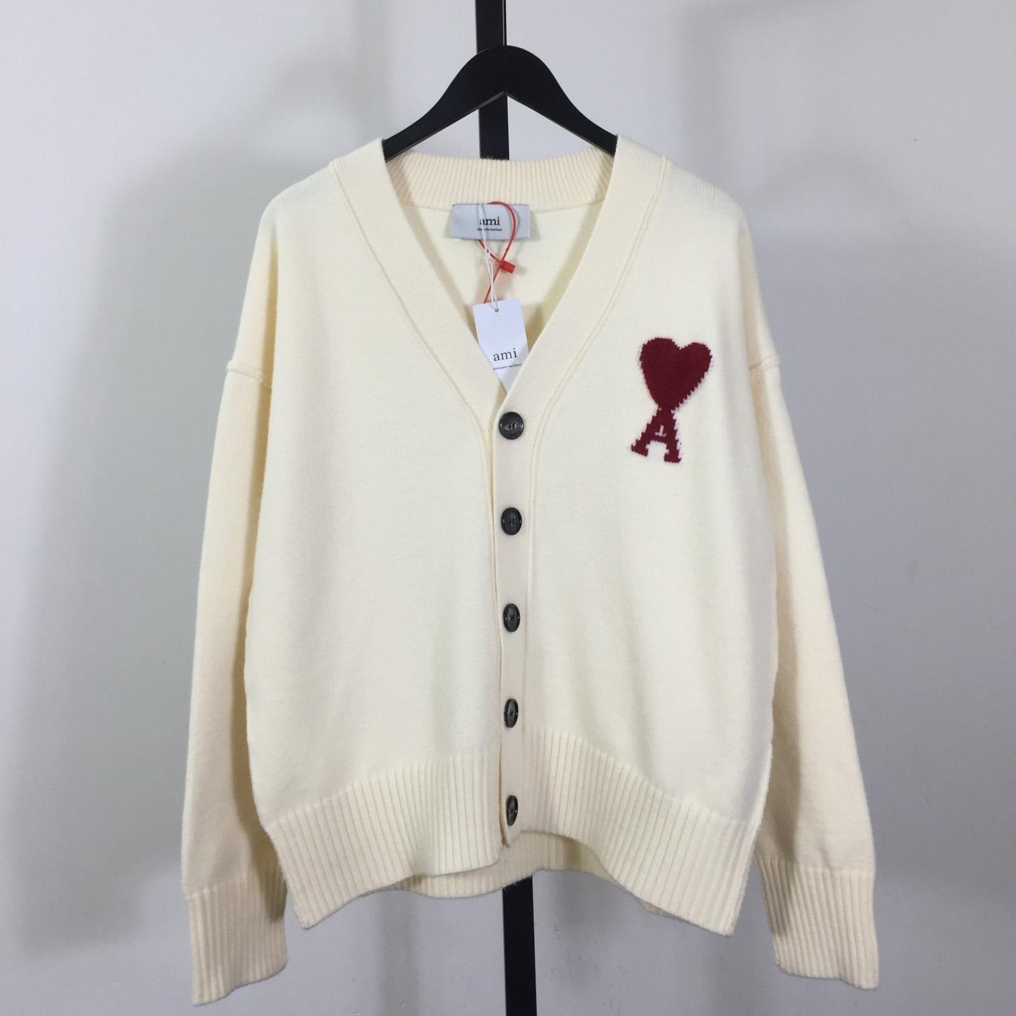 AMI Paris White Wool Ami De Coeur Cardigan  - DesignerGu