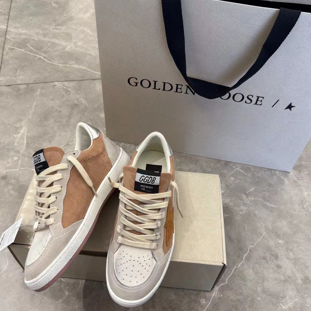 Golden Goose Ball Star in suede with orange star and silver metallic heel tab - DesignerGu