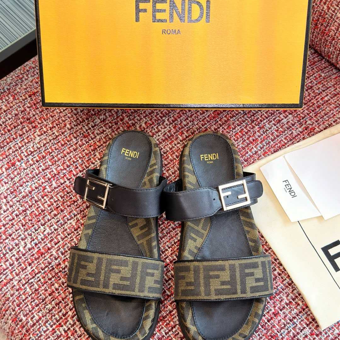 Fendi Black Leather And Brown FF Fabric Slides - DesignerGu