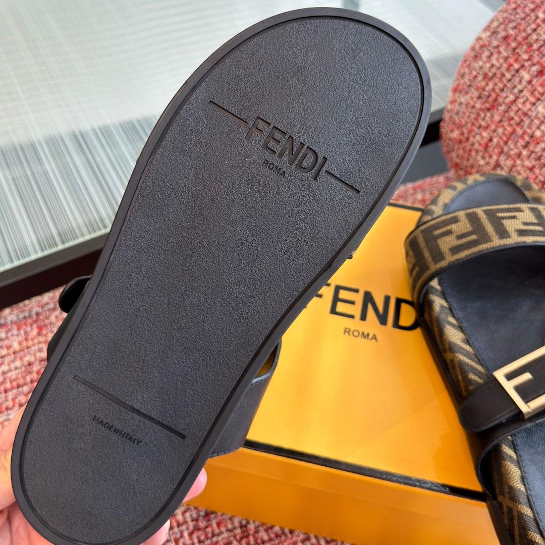 Fendi Black Leather And Brown FF Fabric Slides - DesignerGu