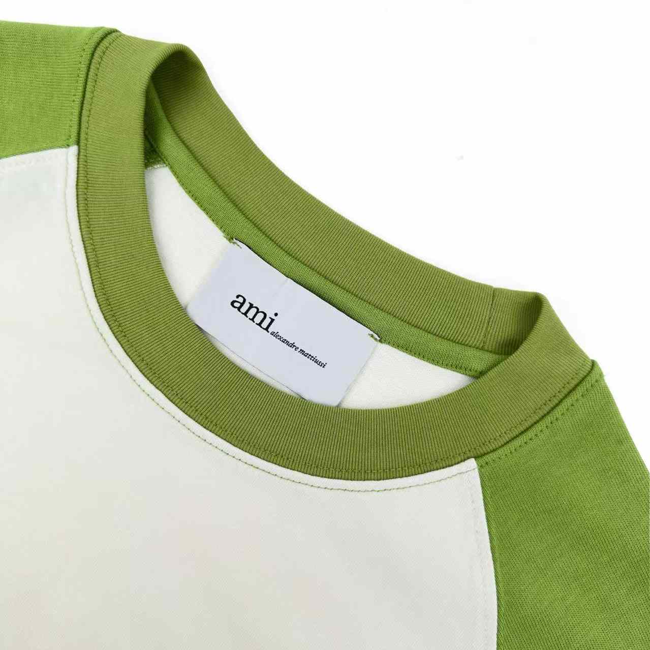 AMI Paris White And Green Cotton Ami De Coeur Knitted Patch T-shirt - DesignerGu
