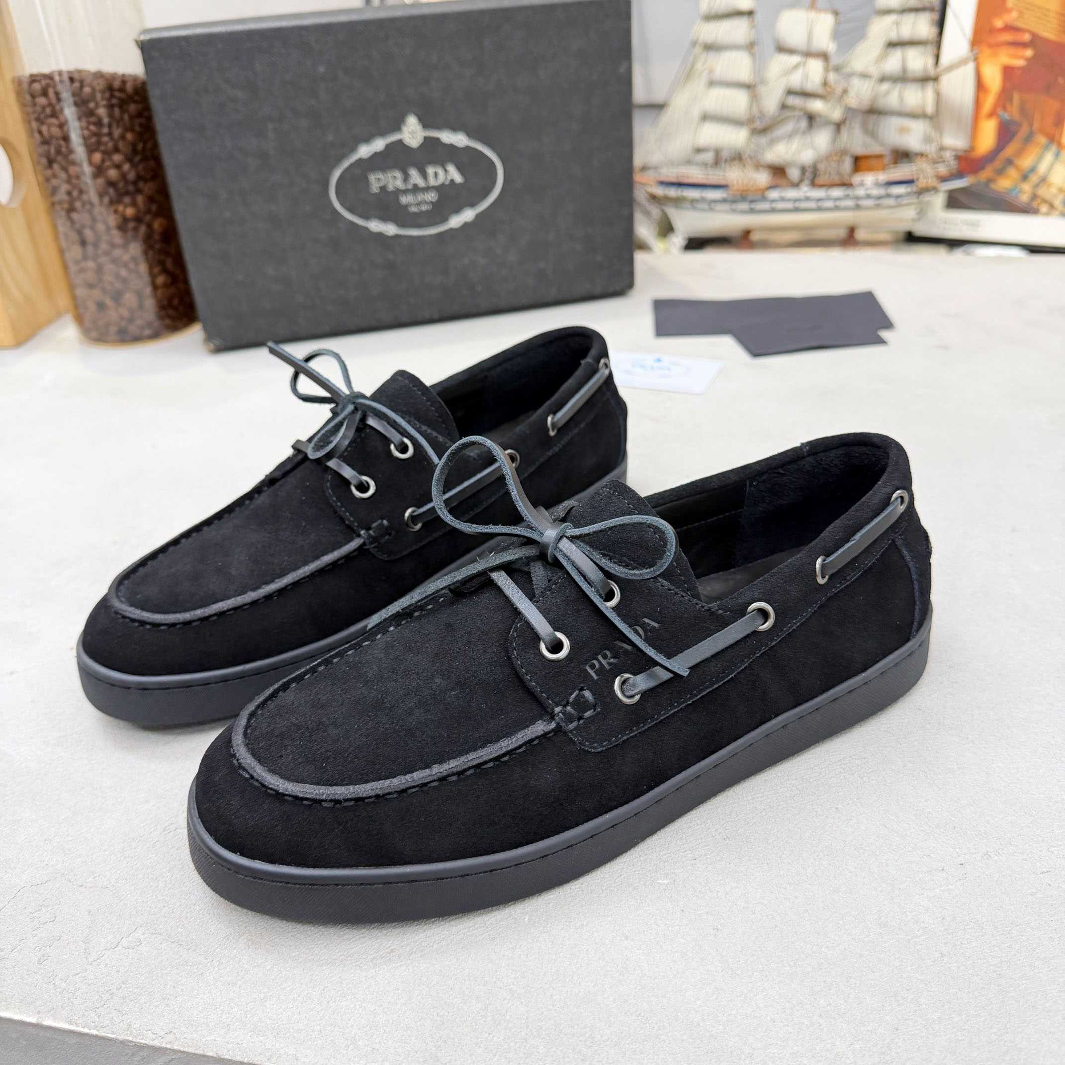Prada Suede Boat Shoes With Laces - DesignerGu