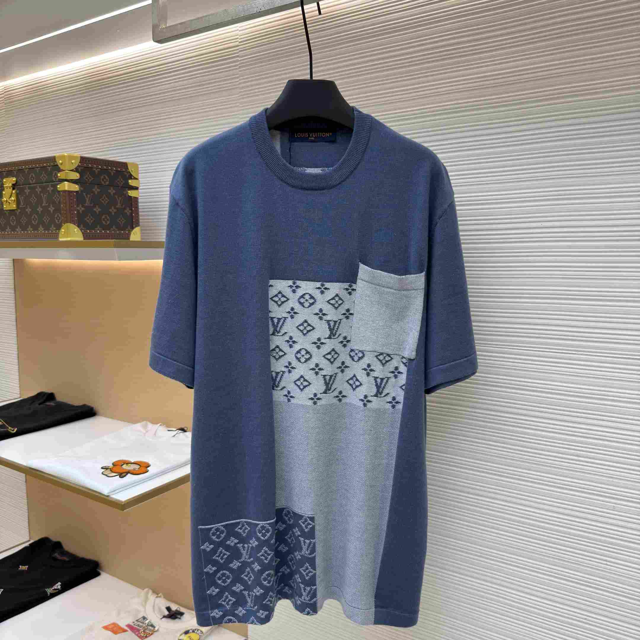 Louis Vuitton Knitted Patchwork Denim Short-Sleeved Crewneck - DesignerGu