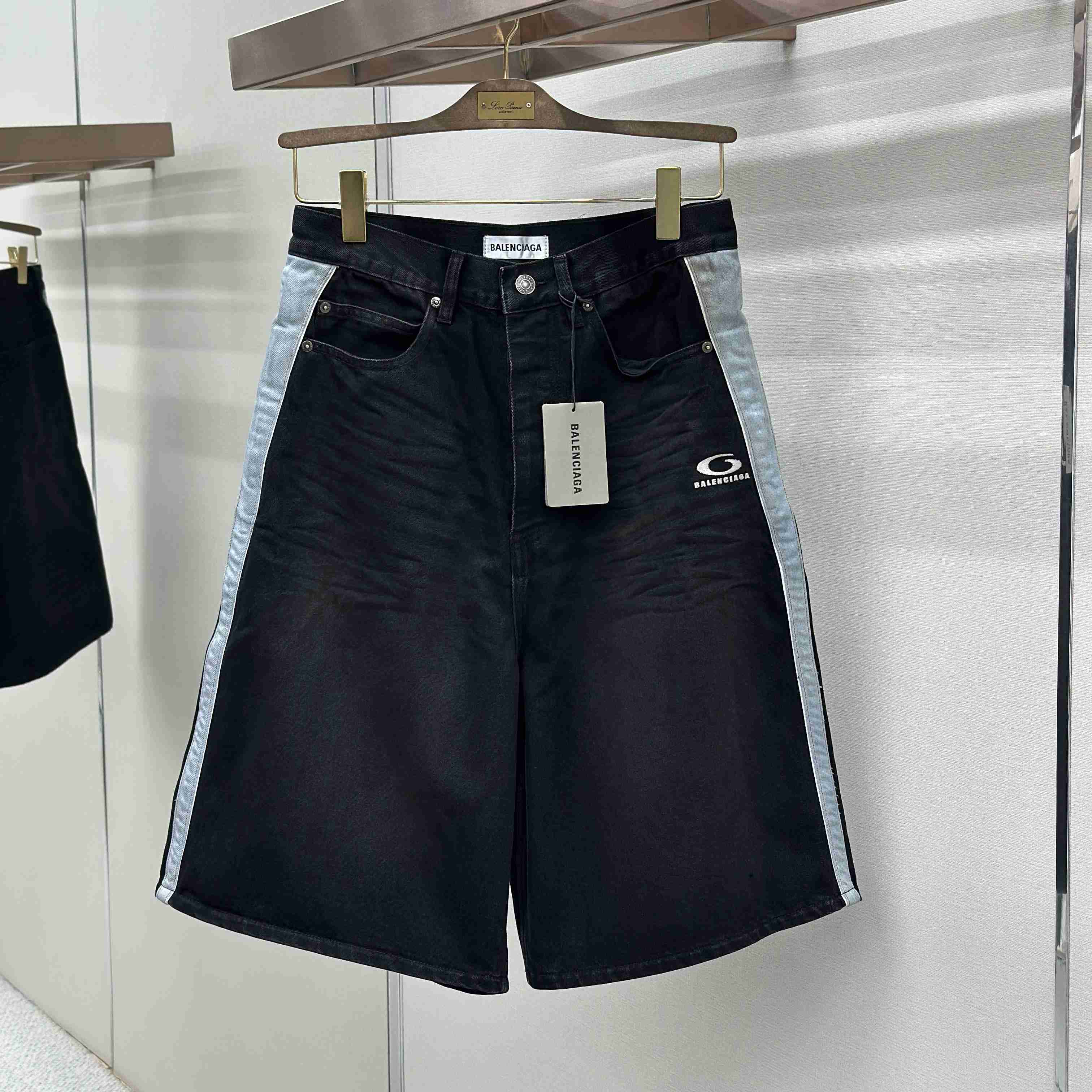 Balenciaga Piping Detail Denim Shorts In Black/Dark Brown - DesignerGu