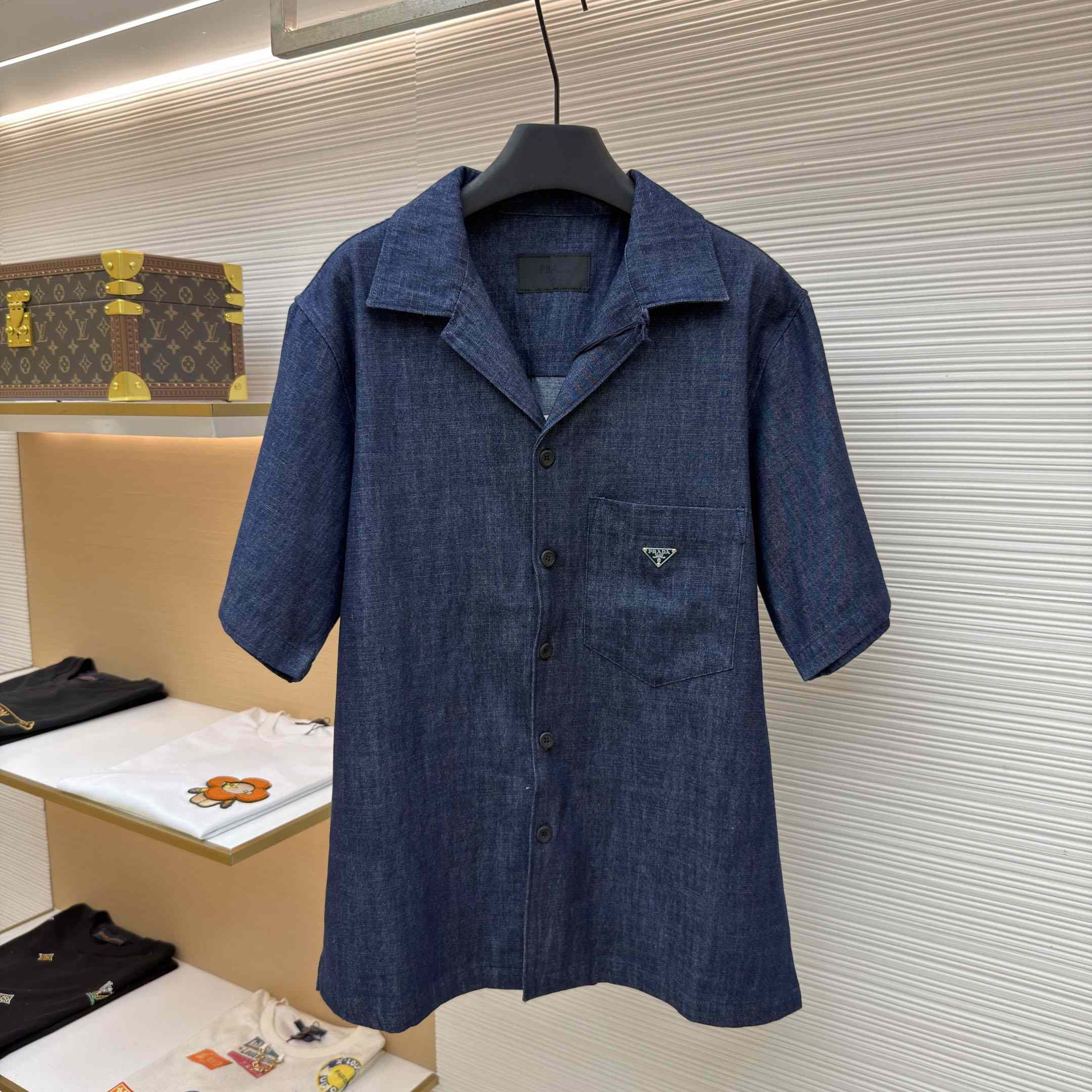Prada Short-Sleeved Chambray Denim Shirt - DesignerGu