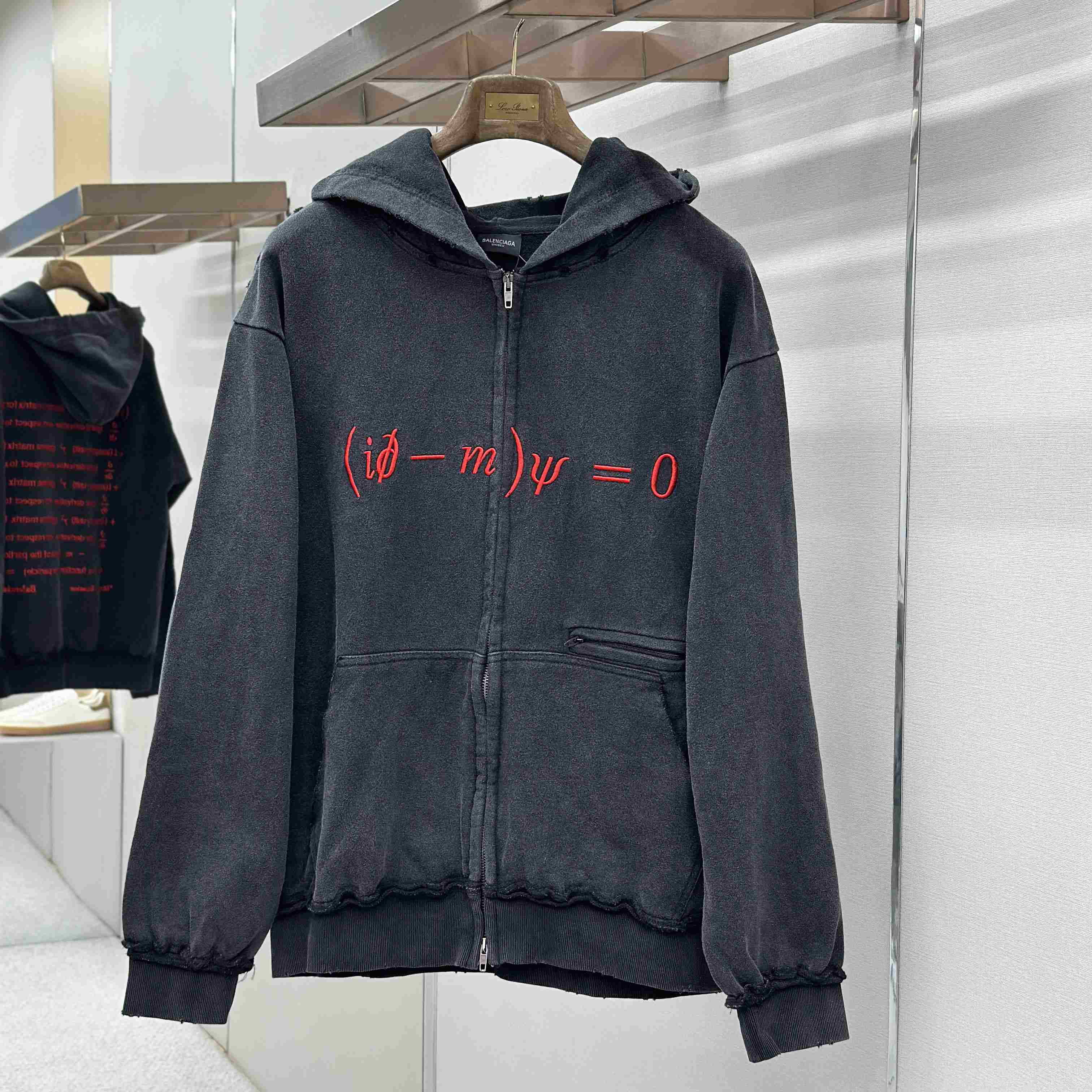 Balenciaga Dirac Equation Pulled Large Fit Zip-up Hoodie In Washed Black/Red - DesignerGu
