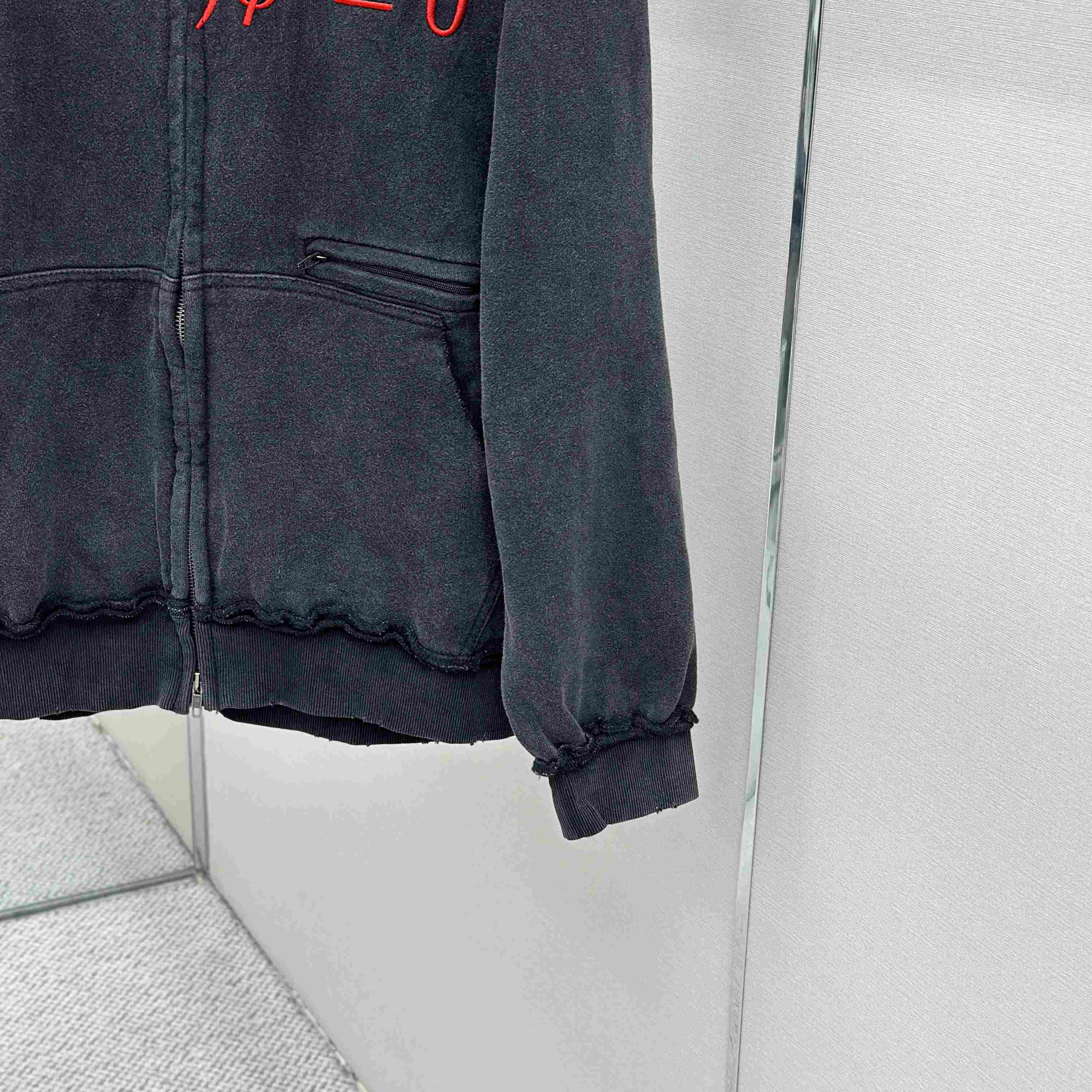 Balenciaga Dirac Equation Pulled Large Fit Zip-up Hoodie In Washed Black/Red - DesignerGu