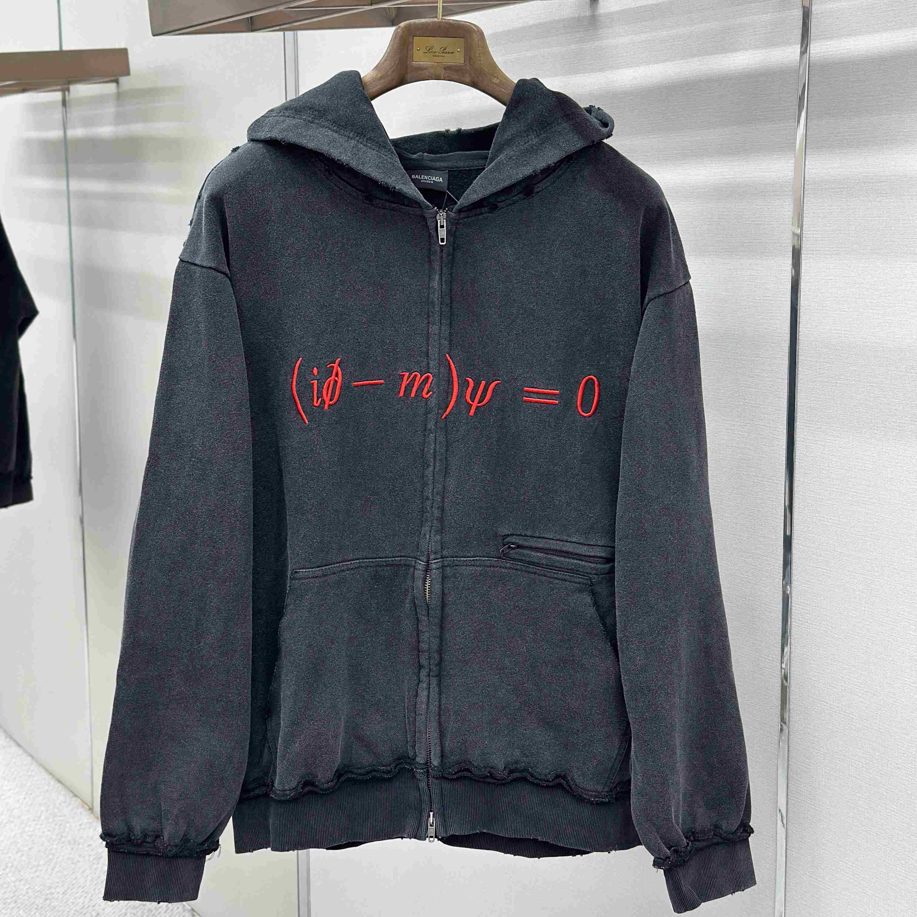 Balenciaga Dirac Equation Pulled Large Fit Zip-up Hoodie In Washed Black/Red - DesignerGu
