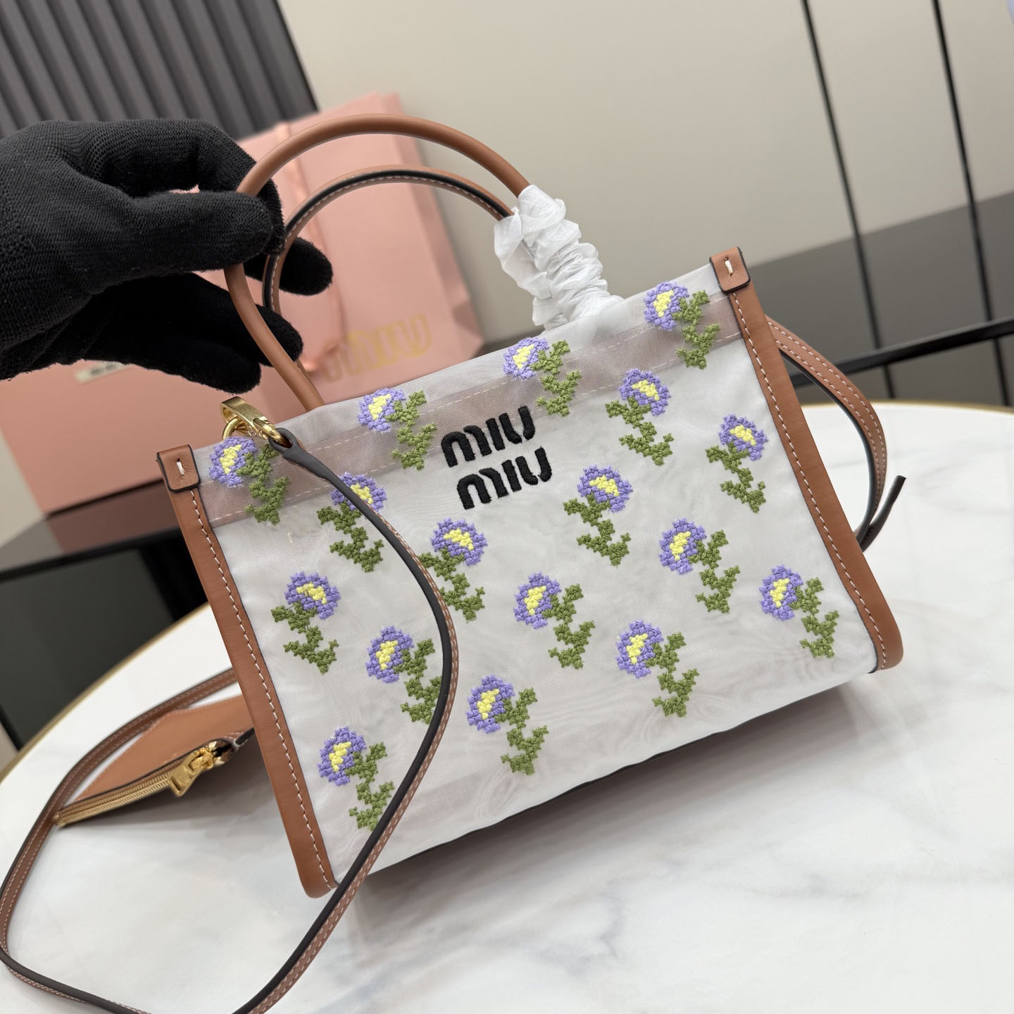Miu Miu Embroidered Mesh Top-Handle Bag - DesignerGu